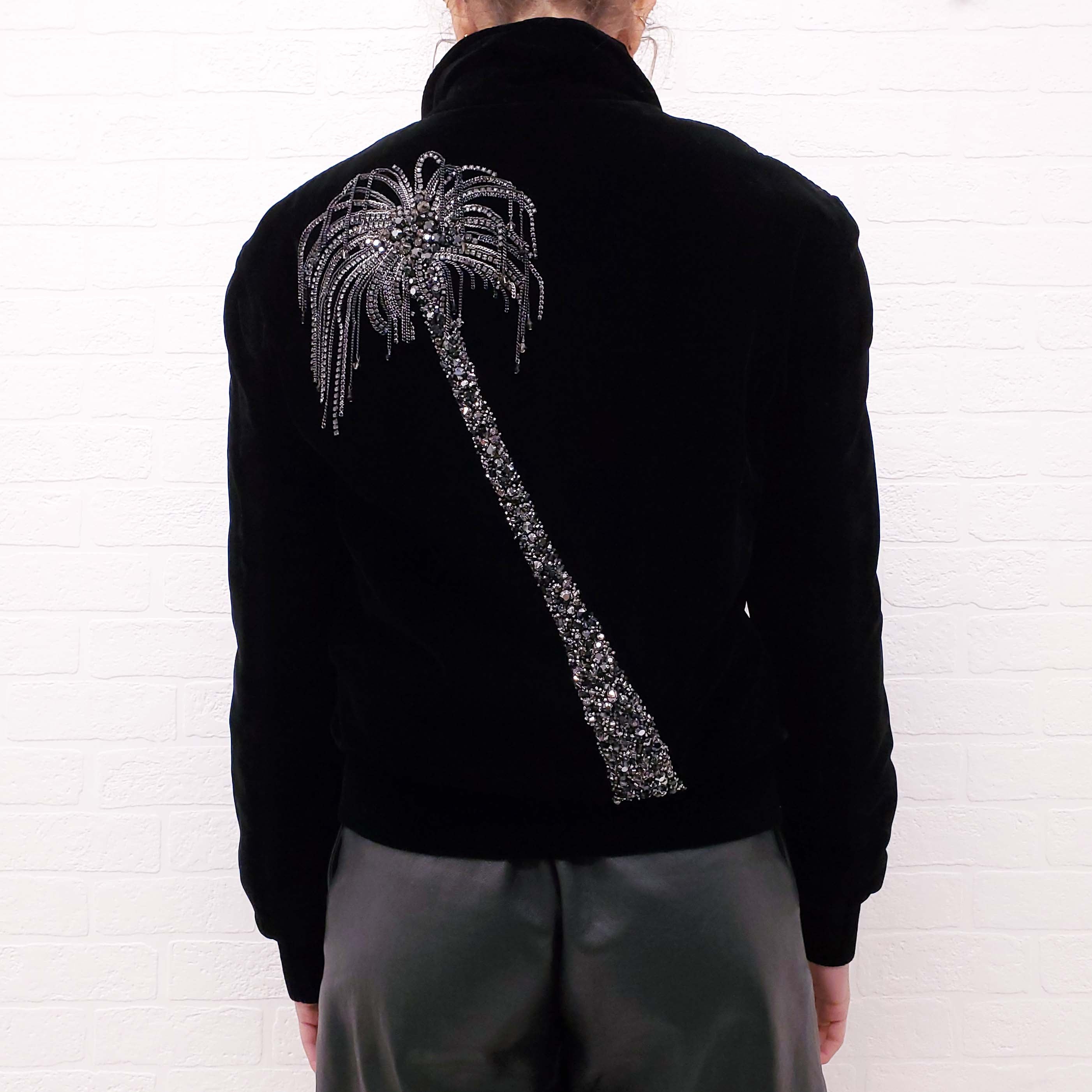 SAINT LAURENT BLACK VELVET BOMBER JACKET WITH RHINESTONE PALM TREE - SIZE 38