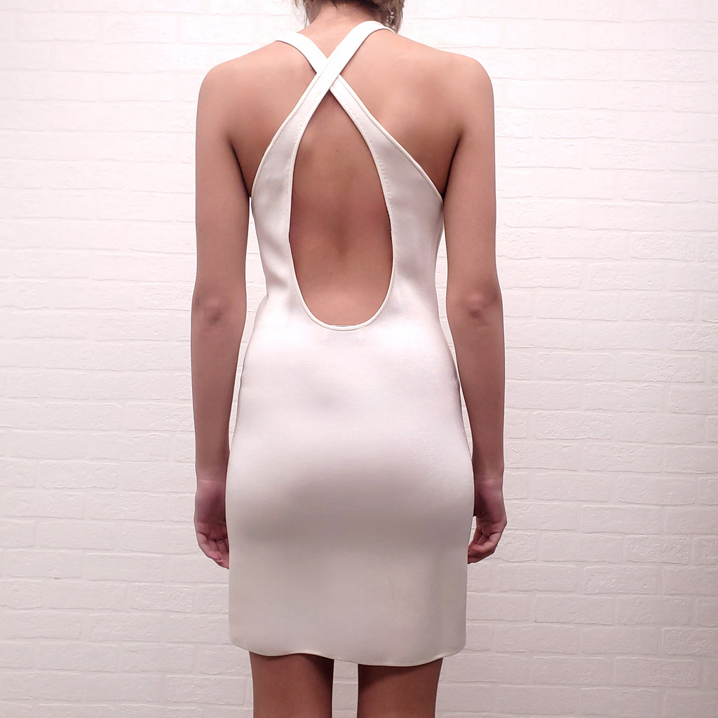 SAINT LAURENT CREAM BACKCROSS STRAP SLEEVELESS DRESS - SIZE S