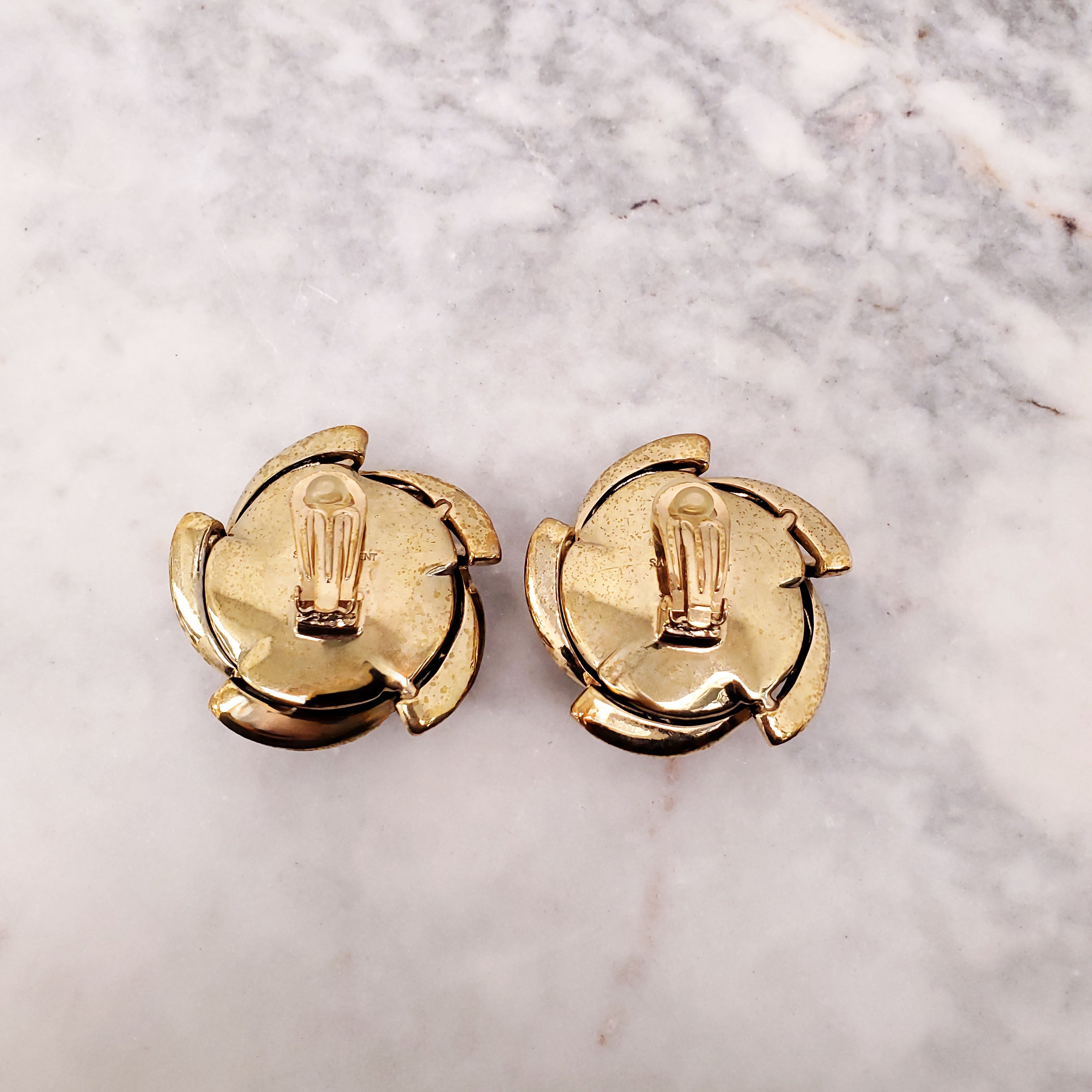 SAINT LAURENT GOLD AND BLACK VELVET EMBLEM CLIP ON EARRINGS