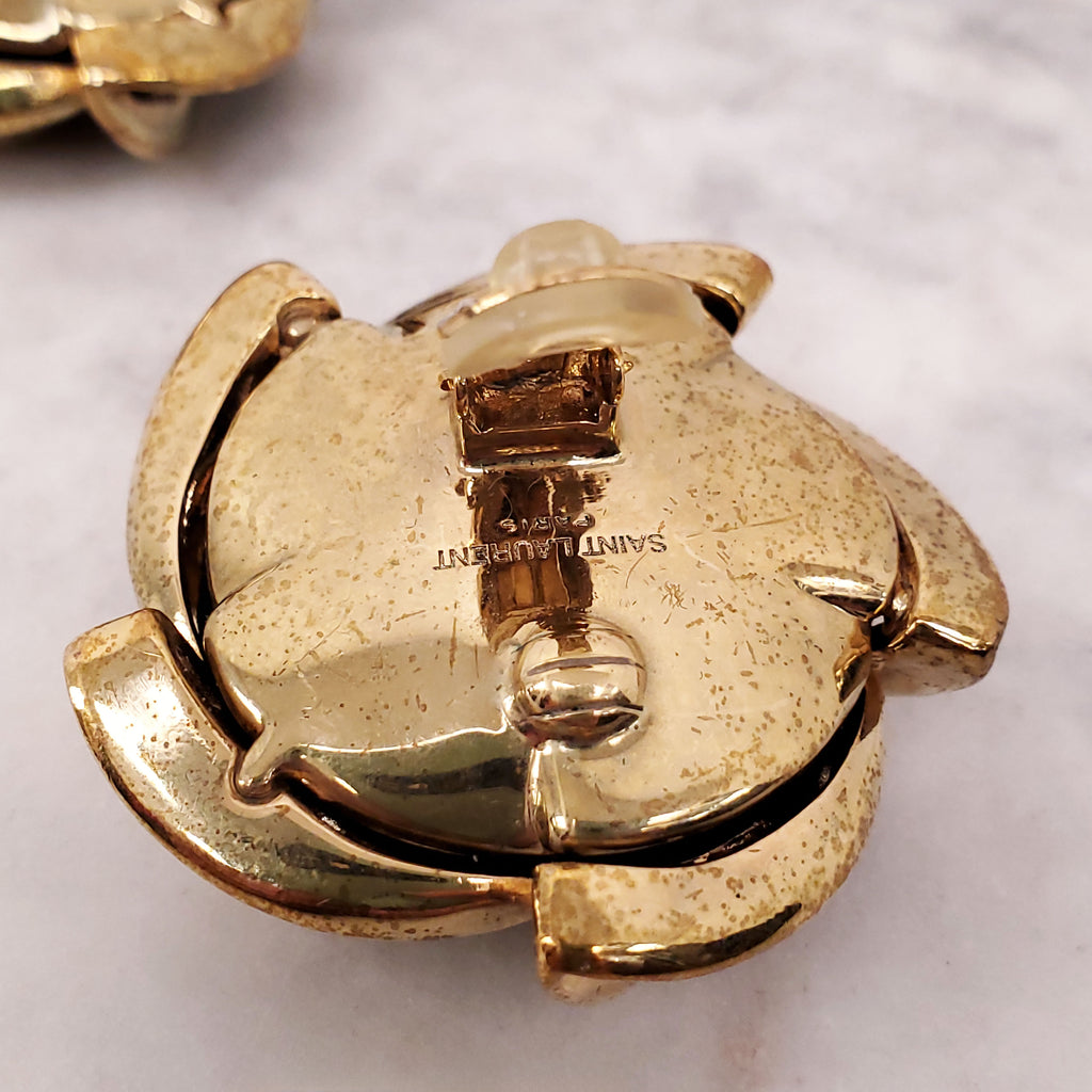 SAINT LAURENT GOLD AND BLACK VELVET EMBLEM CLIP ON EARRINGS