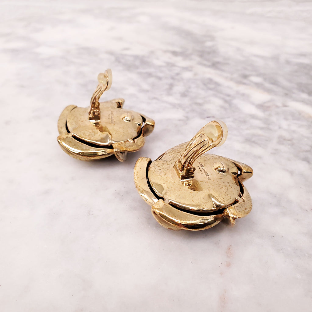 SAINT LAURENT GOLD AND BLACK VELVET EMBLEM CLIP ON EARRINGS