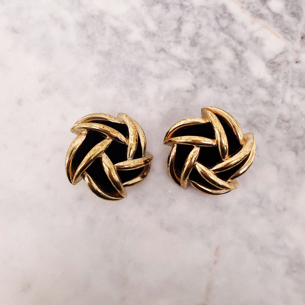 SAINT LAURENT GOLD AND BLACK VELVET EMBLEM CLIP ON EARRINGS