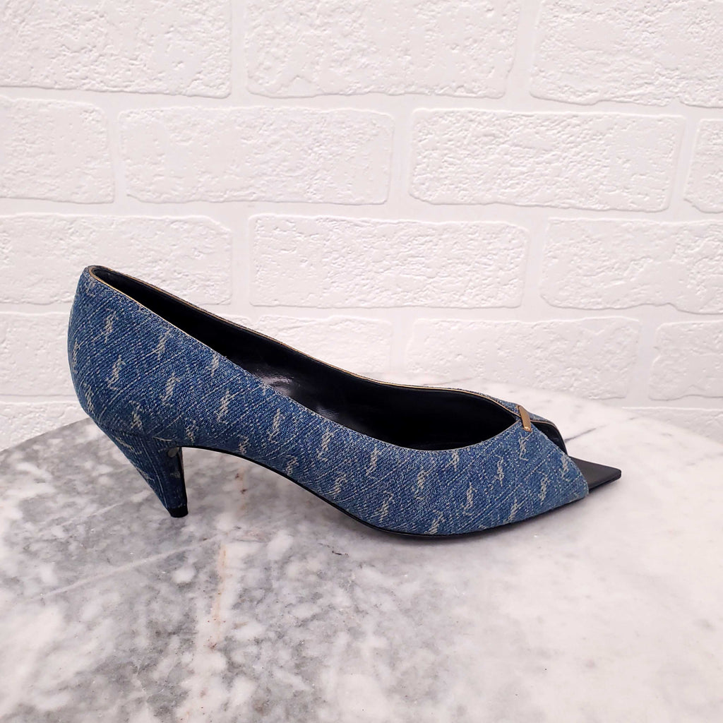 SAINT LAURENT LOGO DENIM KITTEN HEELS - SIZE 37