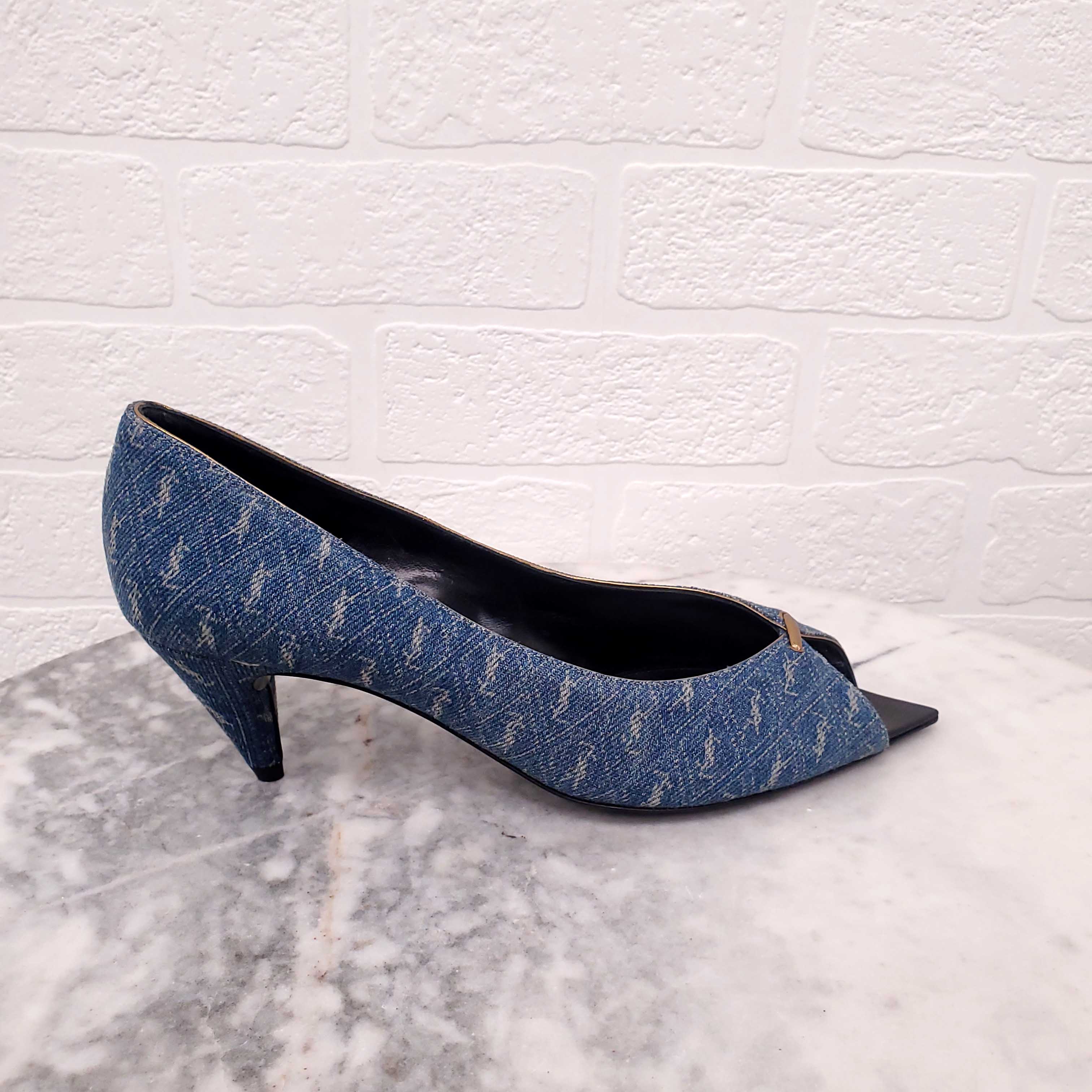 SAINT LAURENT LOGO DENIM KITTEN HEELS - SIZE 37