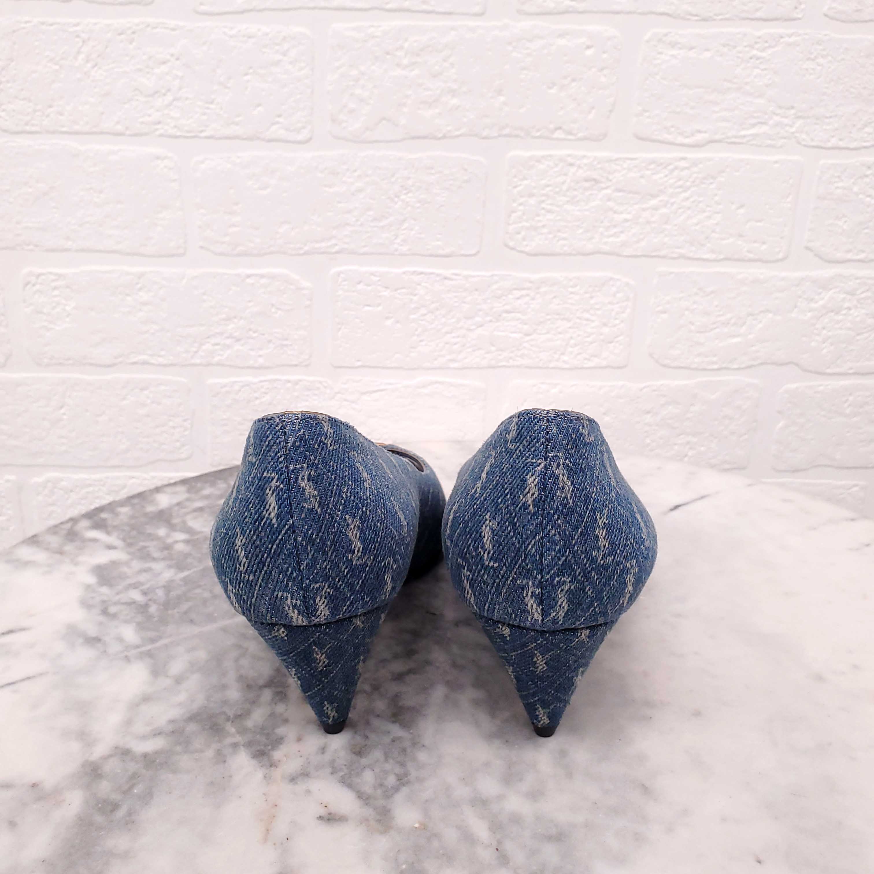 SAINT LAURENT LOGO DENIM KITTEN HEELS - SIZE 37