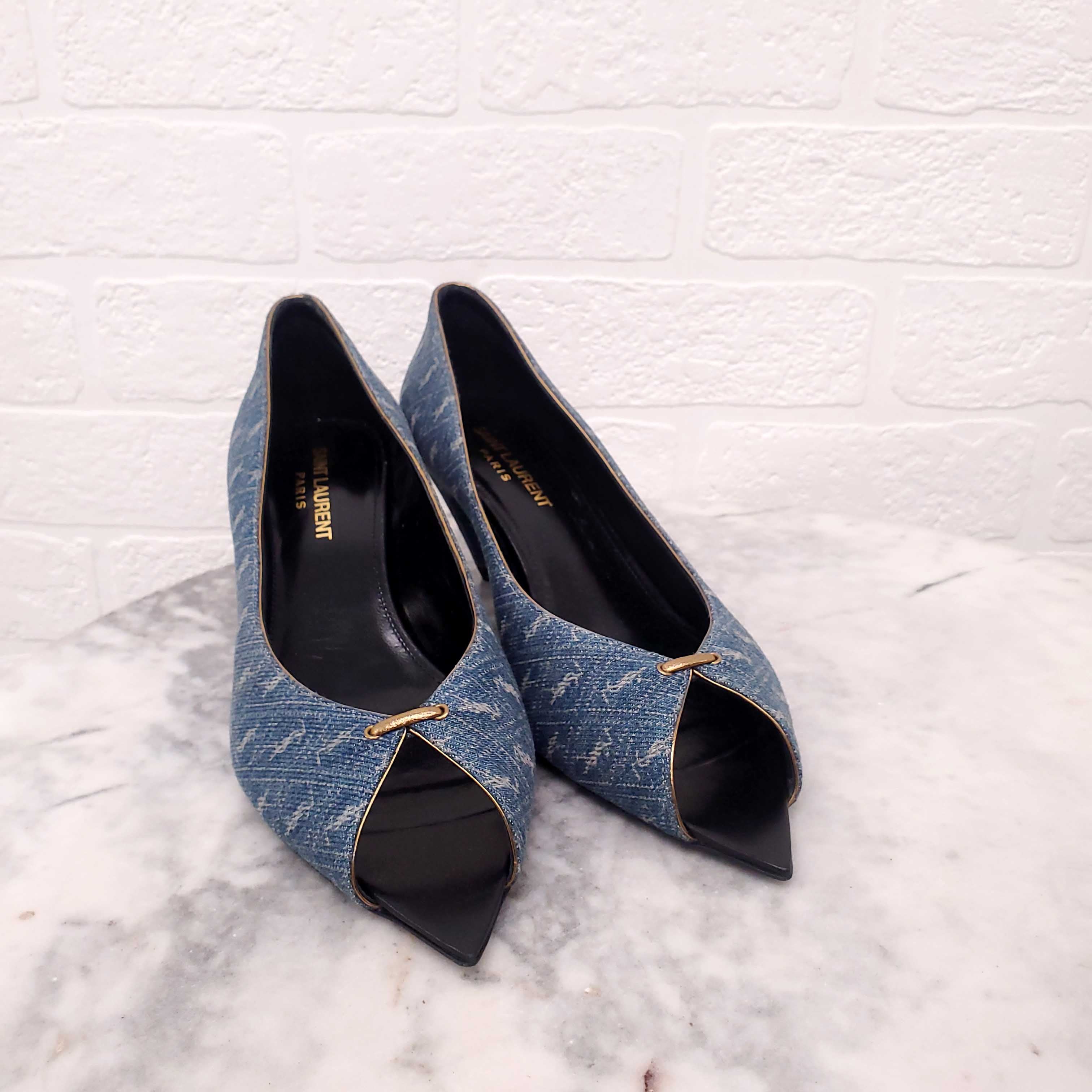 SAINT LAURENT LOGO DENIM KITTEN HEELS - SIZE 37