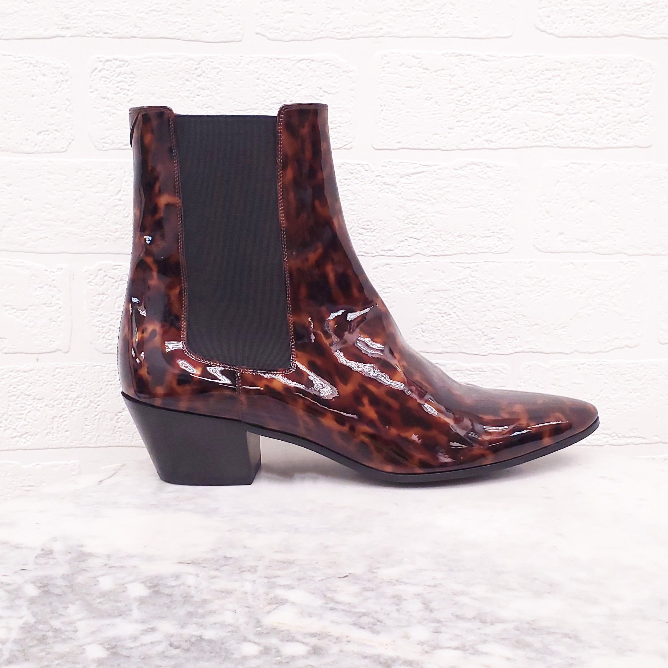 SAINT LAURENT PATENT TORTOISE ANKLE BOOTS - SIZE 40