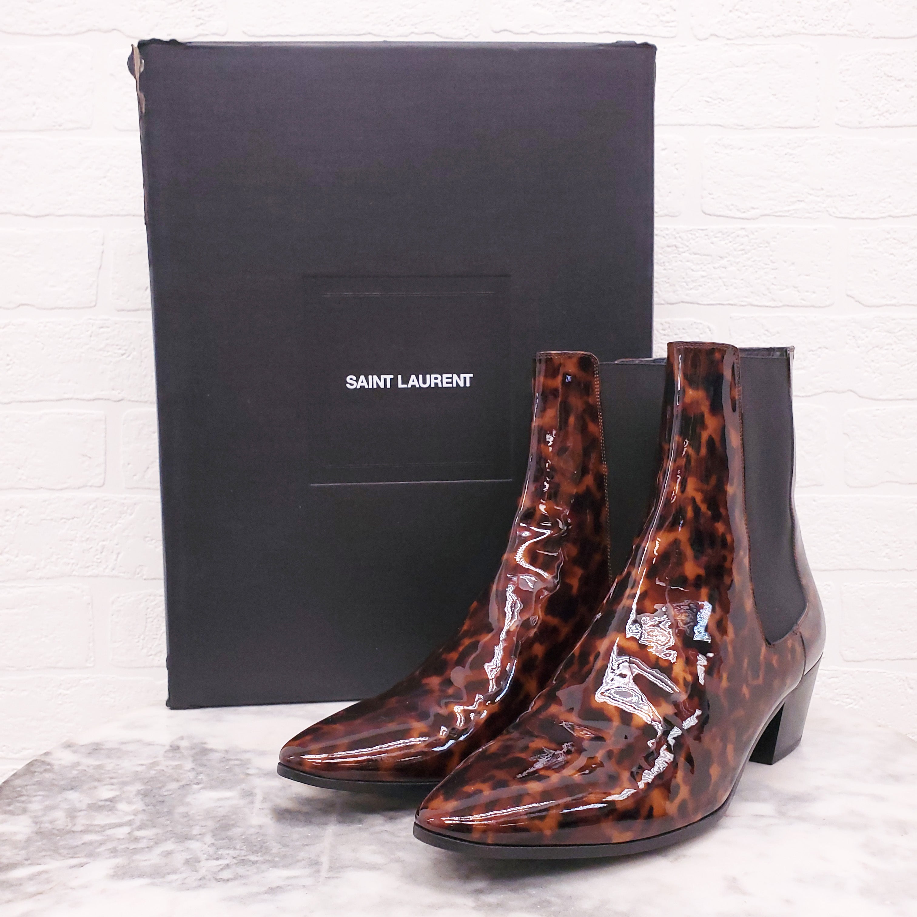 SAINT LAURENT PATENT TORTOISE ANKLE BOOTS - SIZE 40