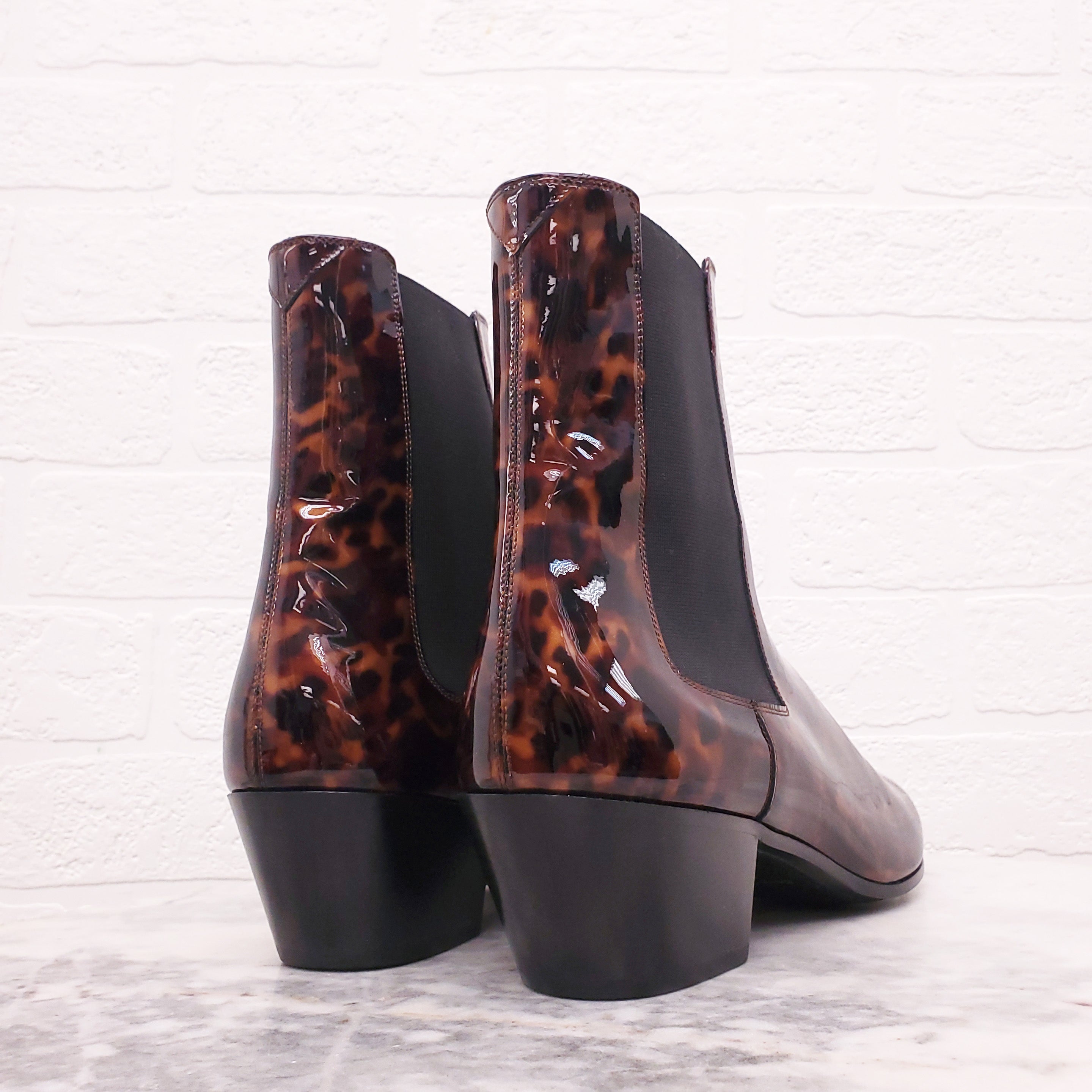 SAINT LAURENT PATENT TORTOISE ANKLE BOOTS - SIZE 40