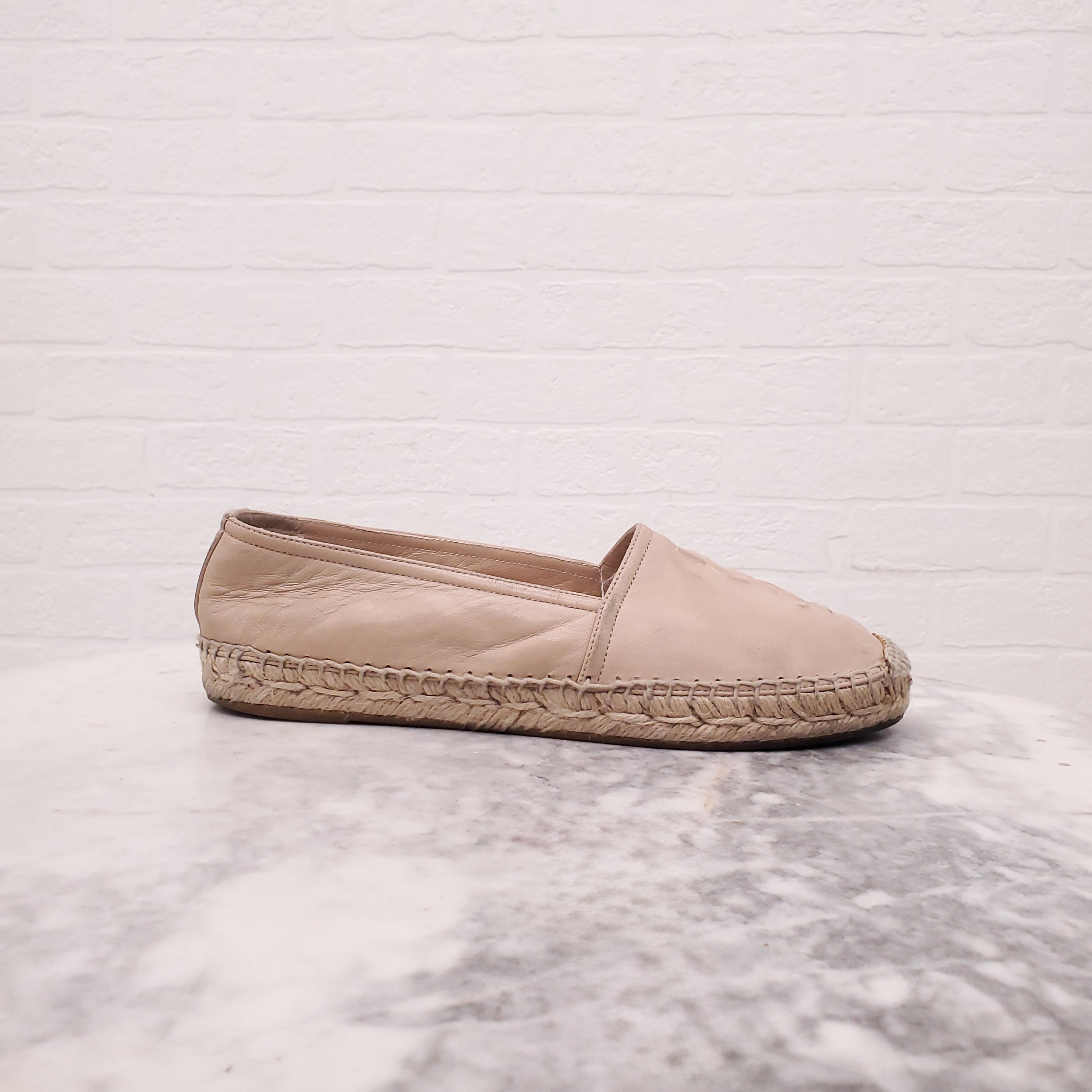 SAINT LAURENT PINK LEATHER LOGO ESPADRILLES - SIZE 35