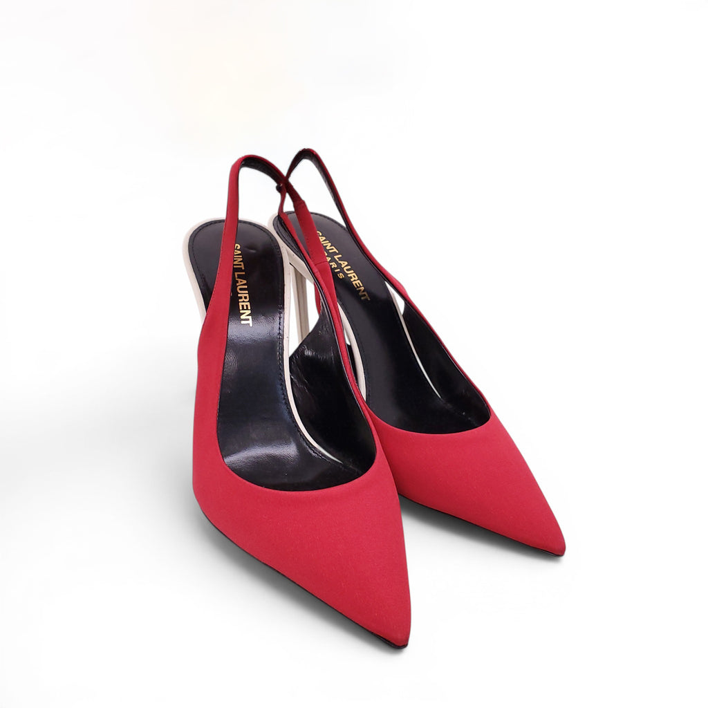 SAINT LAURENT RED AND WHITE ZOE SLINGBACK PUMPS - SIZE 38.5