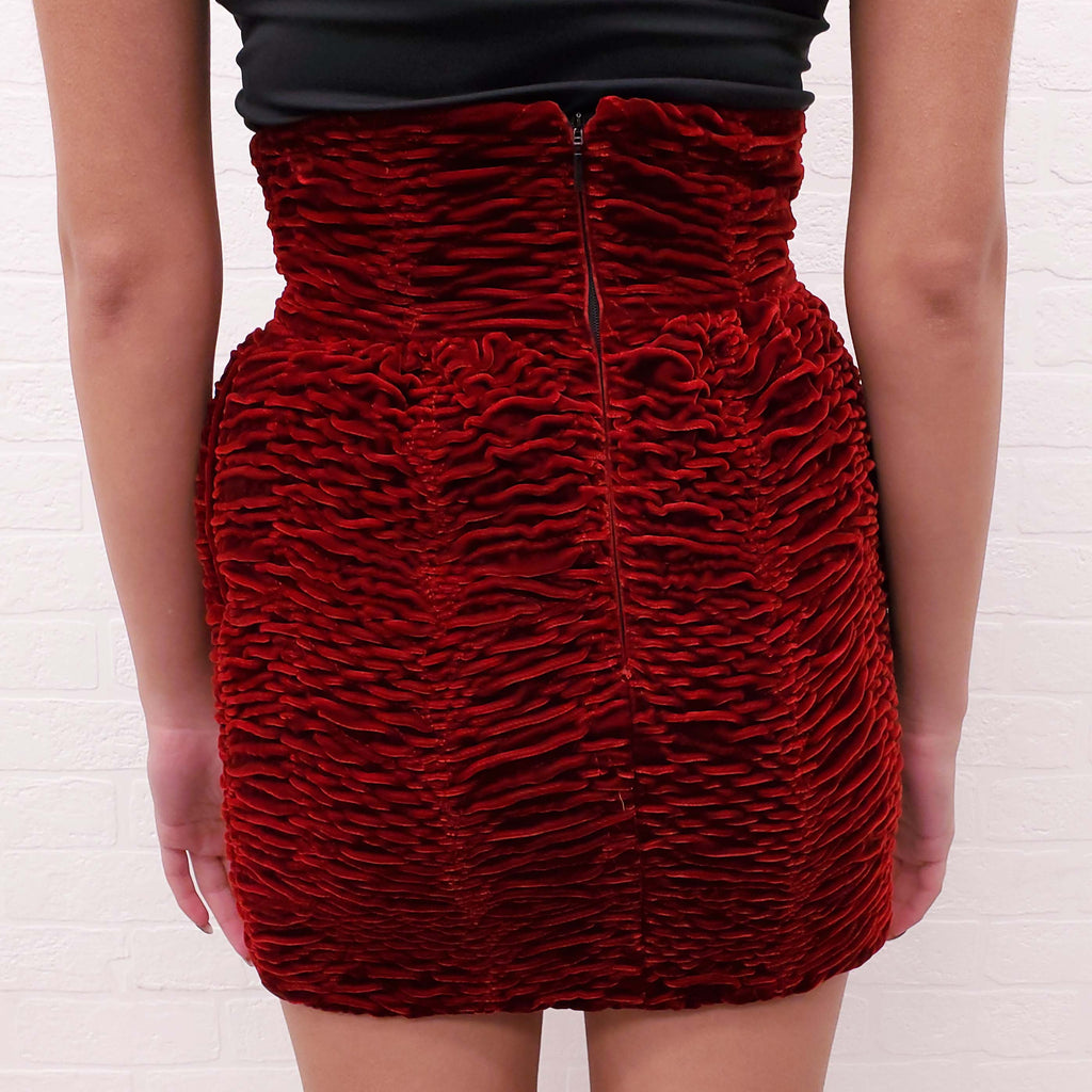 SAINT LAURENT RED VELVET ROUCHED MINI SKIRT - SIZE 36