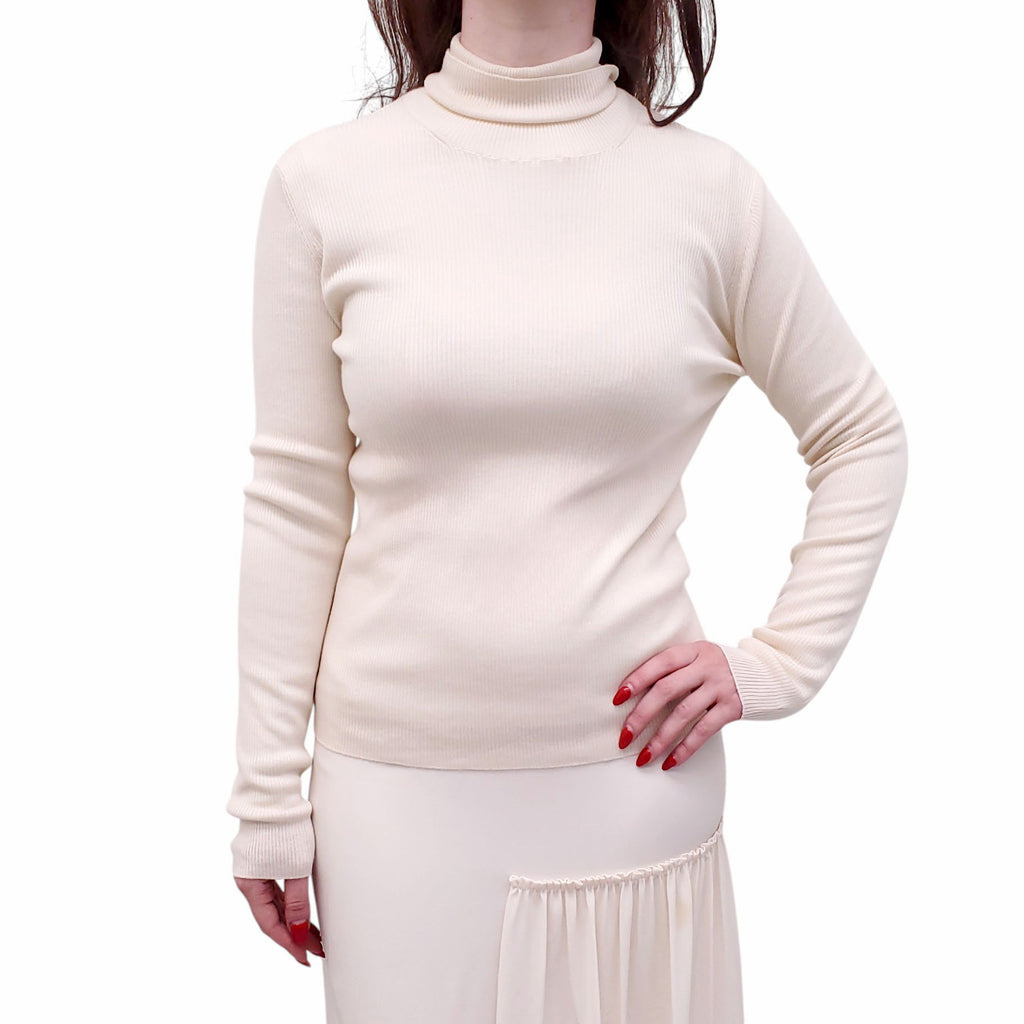 SALVATORE FERRAGAMO CREAM RIBBED TURTLENECK SWEATER - SIZE L