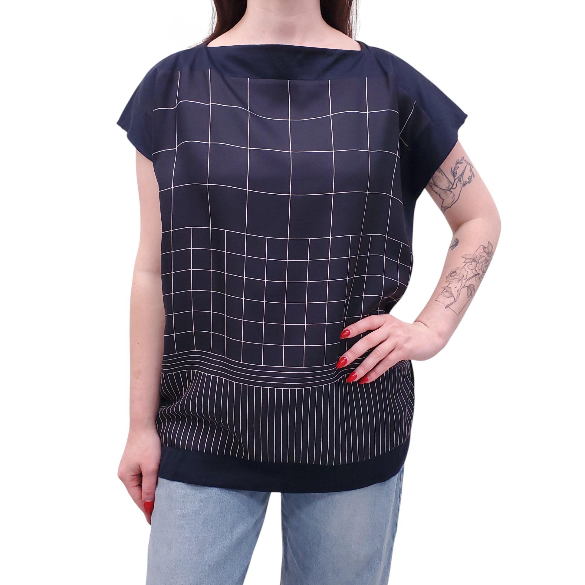 SALVATORE FERRAGAMO NAVY CHECK PATTERNED TOP - SIZE S