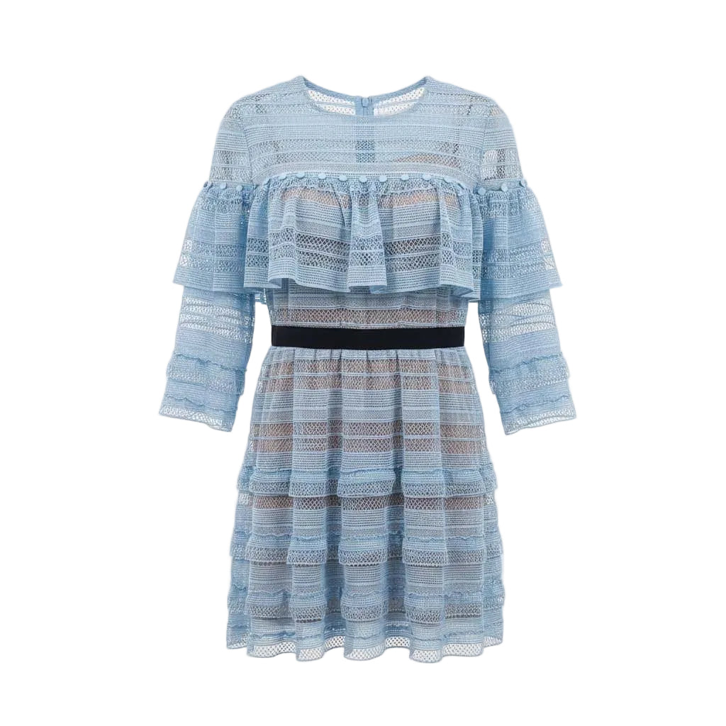 SELF-PORTRAIT BLUE EYELET RUFFLE DRESS - SIZE 10