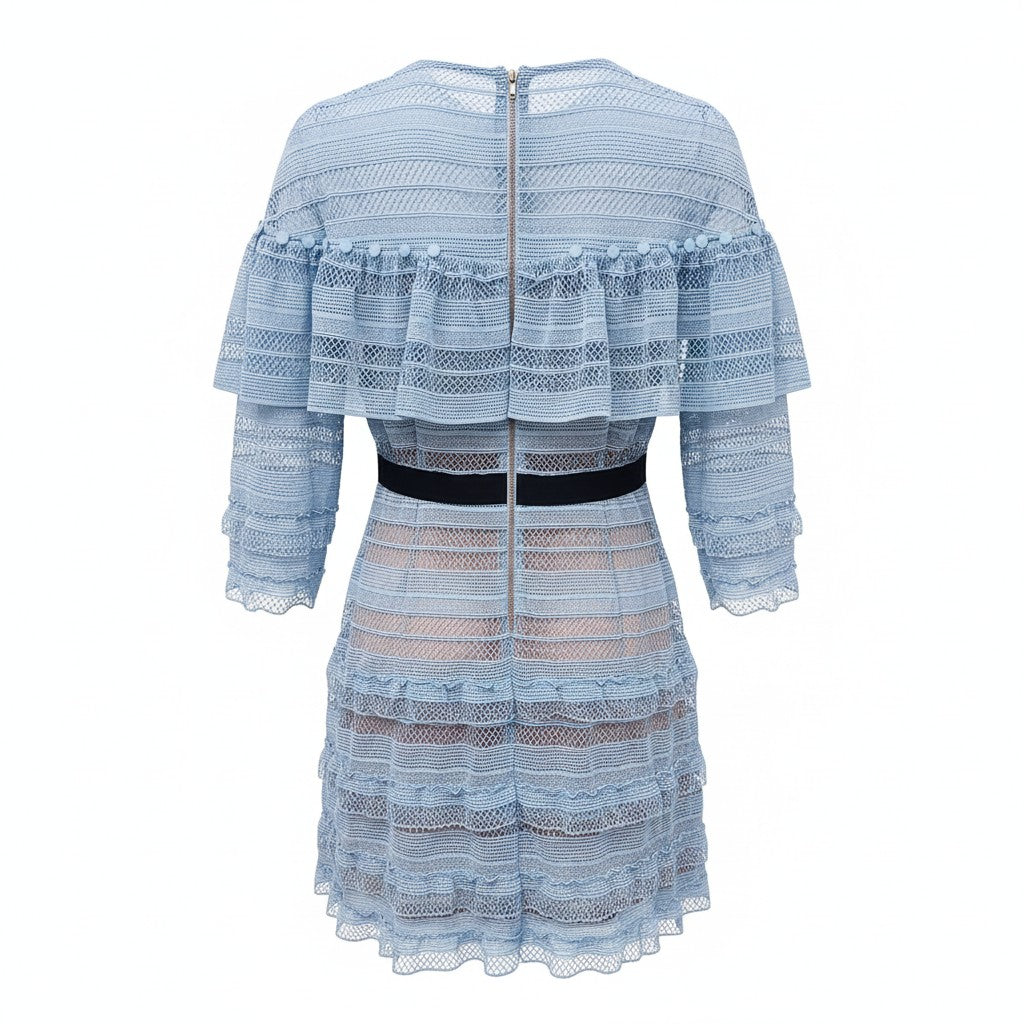 SELF-PORTRAIT BLUE EYELET RUFFLE DRESS - SIZE 10