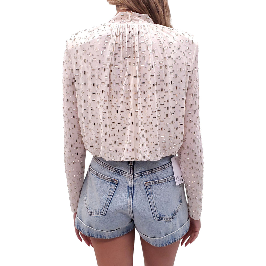 SELF-PORTRAIT CHAMPAGNE RHINESTONE MESH BLOUSE - SIZE US 8