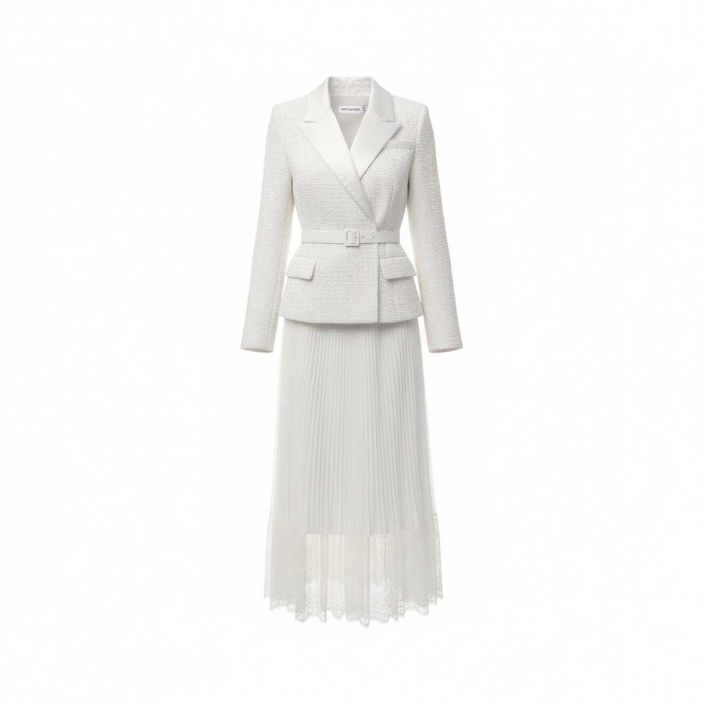 SELF-PORTRAIT CREAM TWEED LAYERED DRESS WITH LACE DETAIL - SIZE 2