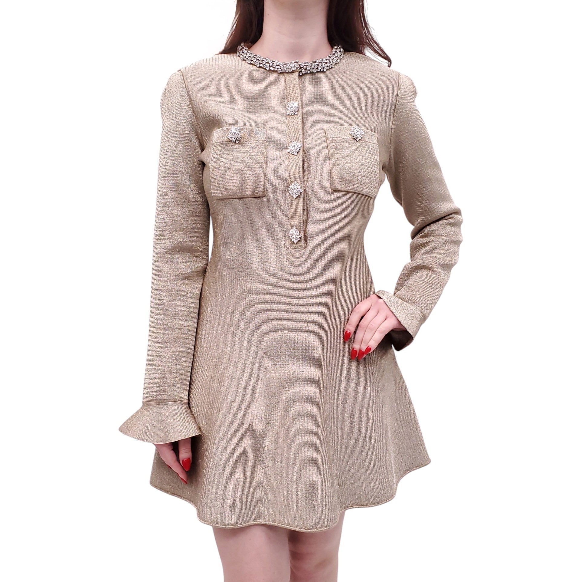 SELF-PORTRAIT GOLD KNIT DRESS WITH CRYSTAL BUTTONS - SIZE M
