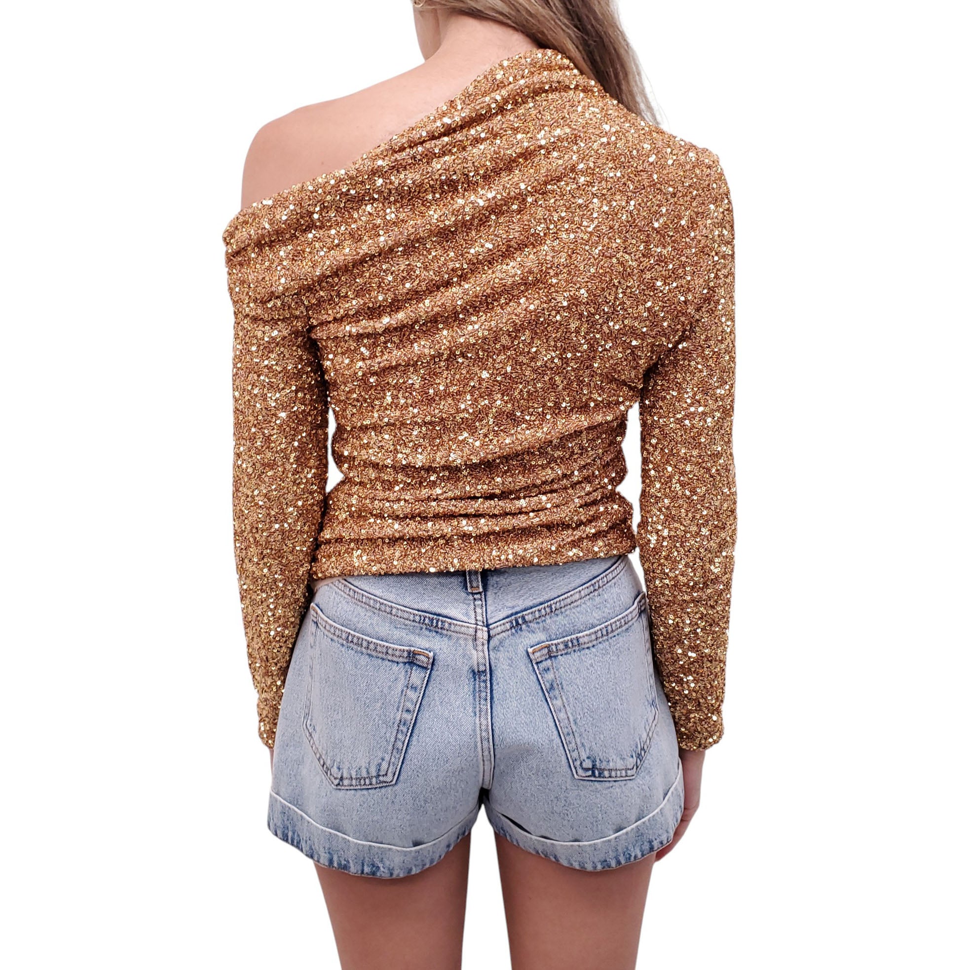 SELF-PORTRAIT GOLD SEQUIN ASYMMETRIC TOP - SIZE US 2