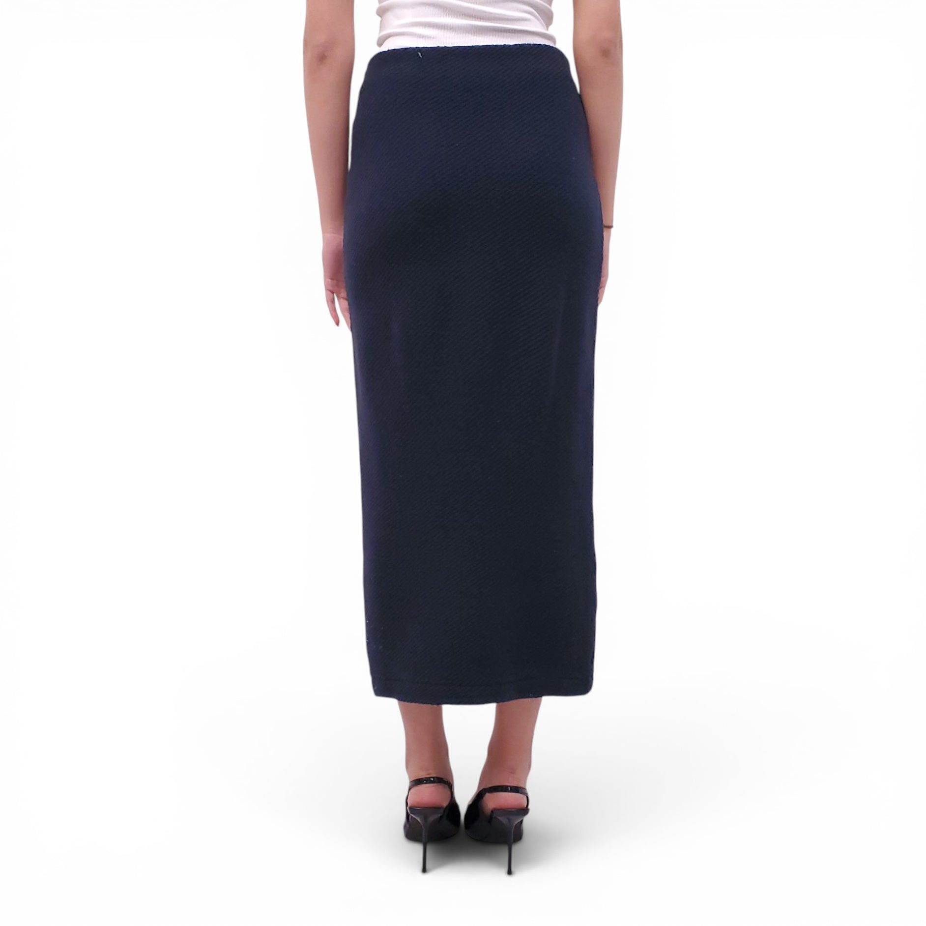 SELF-PORTRAIT NAVY KNIT MAXI SKIRT WITH CRYSTAL POCKET DETAILS - SIZE L