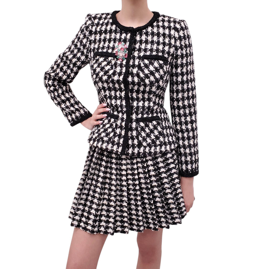 SELF-PORTRAIT TWEED SKIRT SET WITH CRYSTAL BROOCH - SIZE US 2