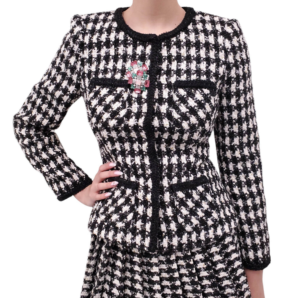 SELF-PORTRAIT TWEED SKIRT SET WITH CRYSTAL BROOCH - SIZE US 2