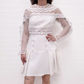 SELF PORTRAIT WHITE LACE TOP DRESS WITH PLEATED BOTTOM DETAIL - SIZE 4