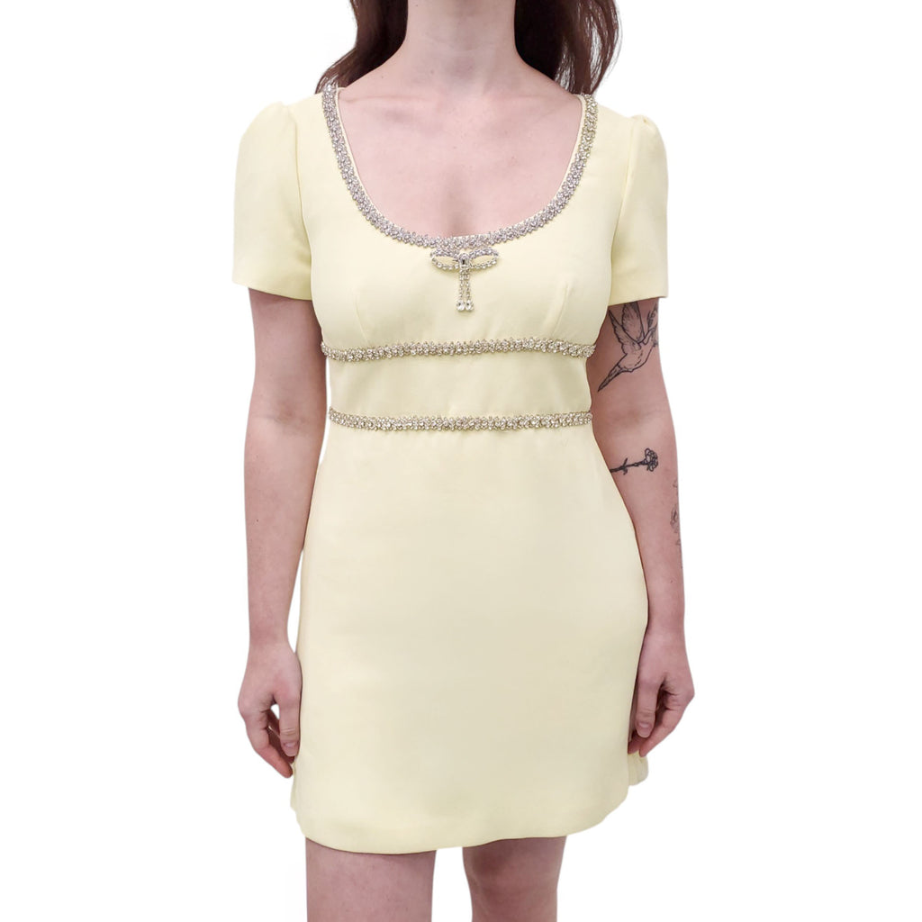 SELF PORTRAIT YELLOW CREPE CRYSTAL TRIM MINI DRESS - SIZE 6