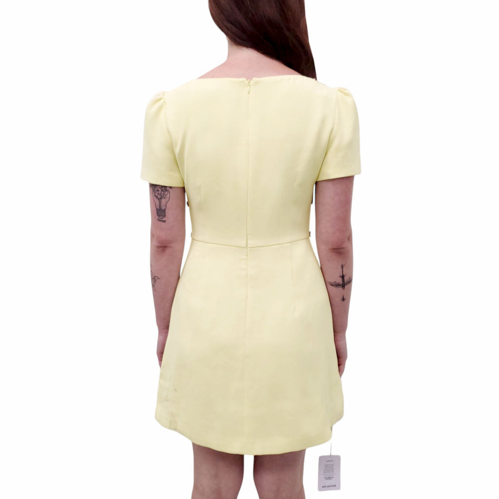 SELF PORTRAIT YELLOW CREPE CRYSTAL TRIM MINI DRESS - SIZE 6