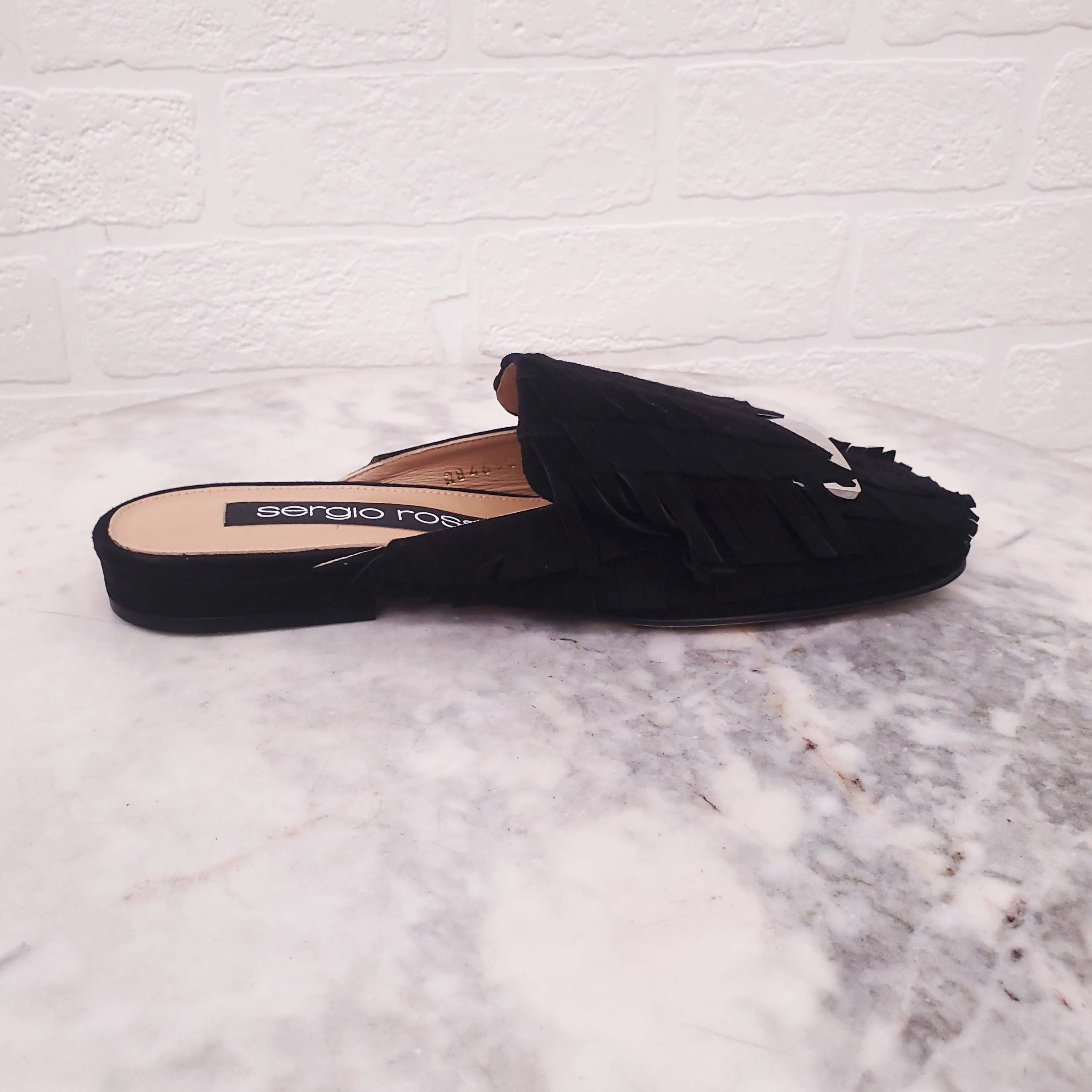 SERGIO ROSSI BLACK SUEDE FRINGE SLIDES - SIZE 35 – Rewind Couture