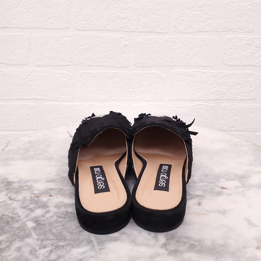 SERGIO ROSSI BLACK SUEDE FRINGE SLIDES - SIZE 36.5