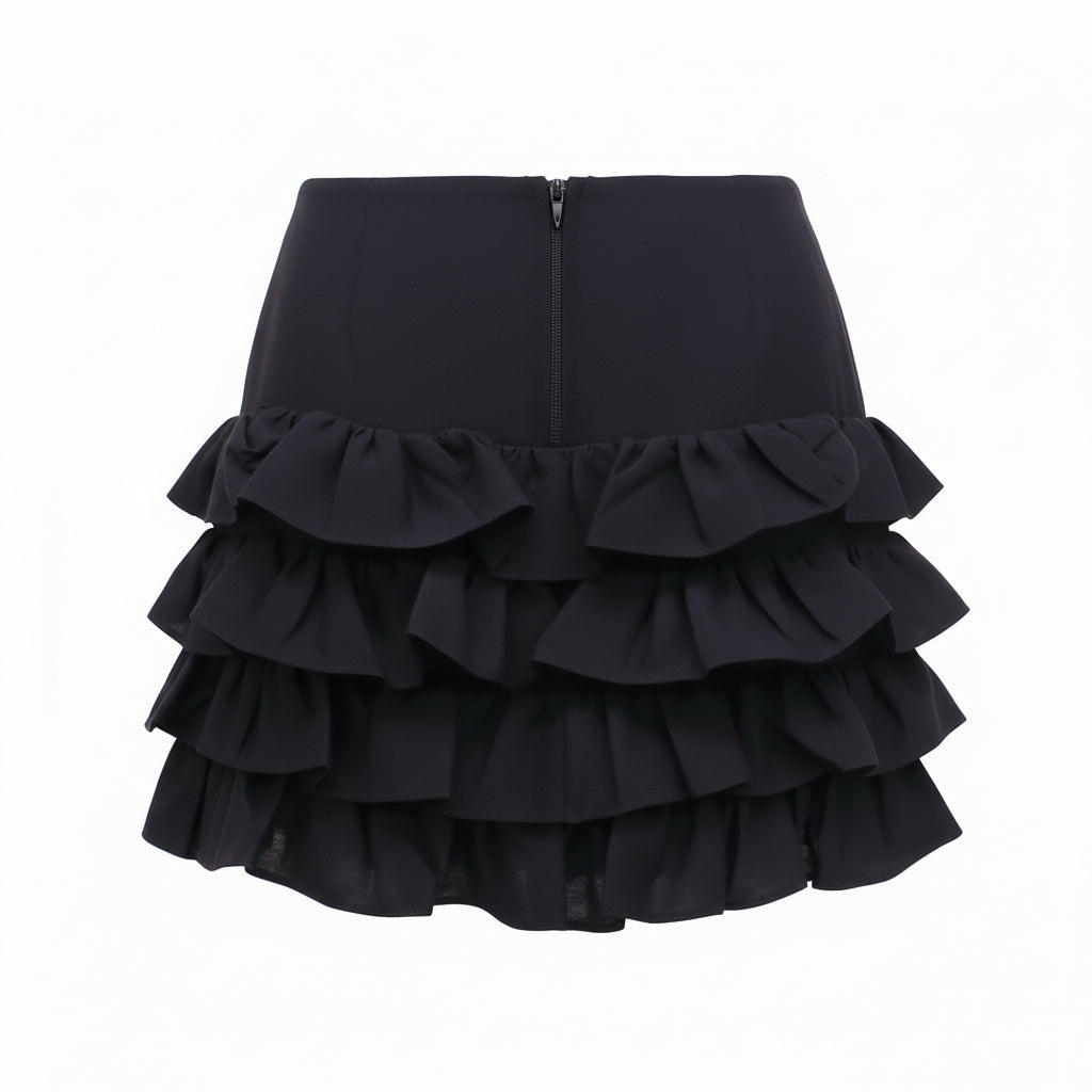 SHUSHU/TONG BLACK MULTI-LAYERED RUFFLE SKIRT WITH CRYSTAL BOW - SIZE UK 12 (US 8)