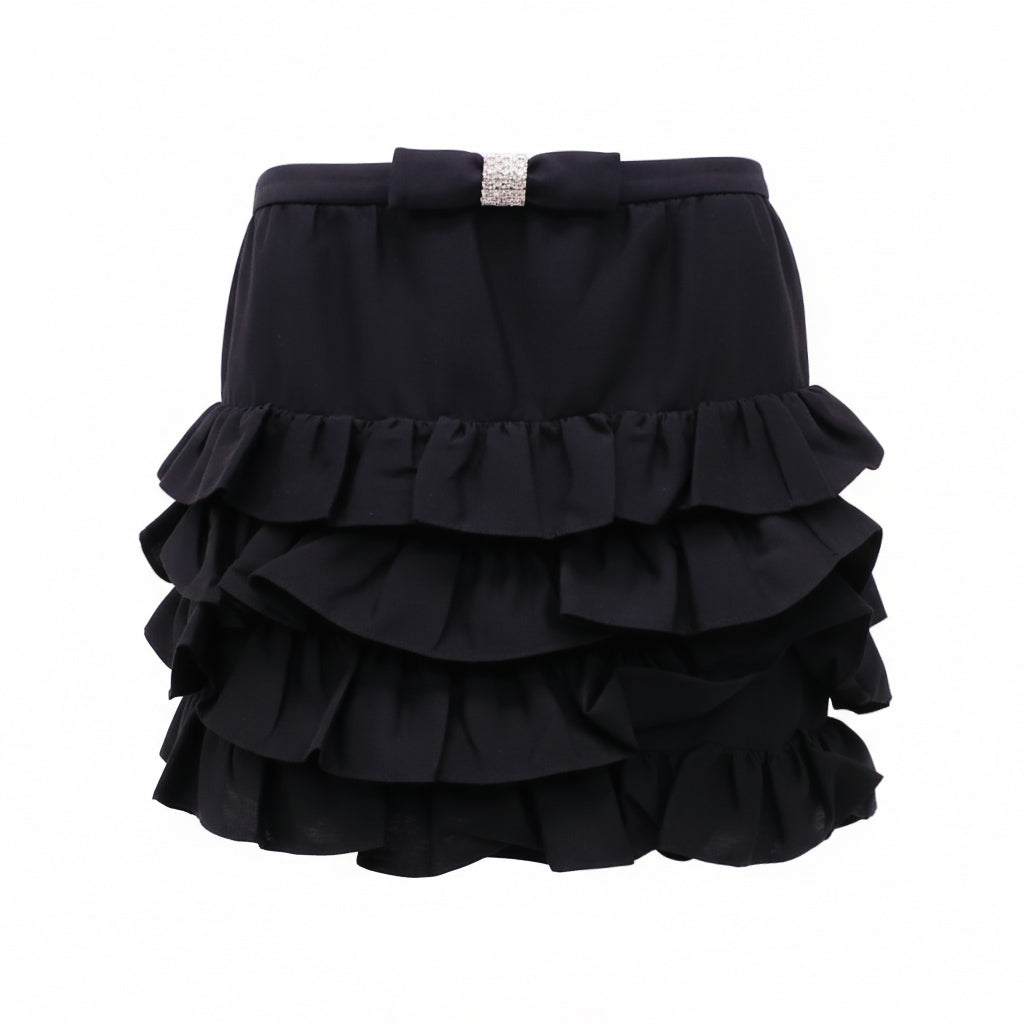 SHUSHU/TONG BLACK MULTI-LAYERED RUFFLE SKIRT WITH CRYSTAL BOW - SIZE UK 12 (US 8)