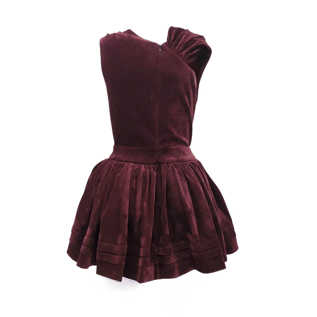 SHUSHU/TONG BURGUNDY TUCK-EDGE SLOPING NECKLINE VELVET DRESS - SIZE UK6 (US 2)