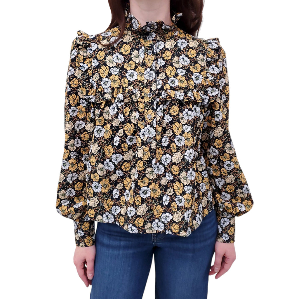 SMYTHE BLACK AND YELLOW FLORAL BLOUSE - SIZE M