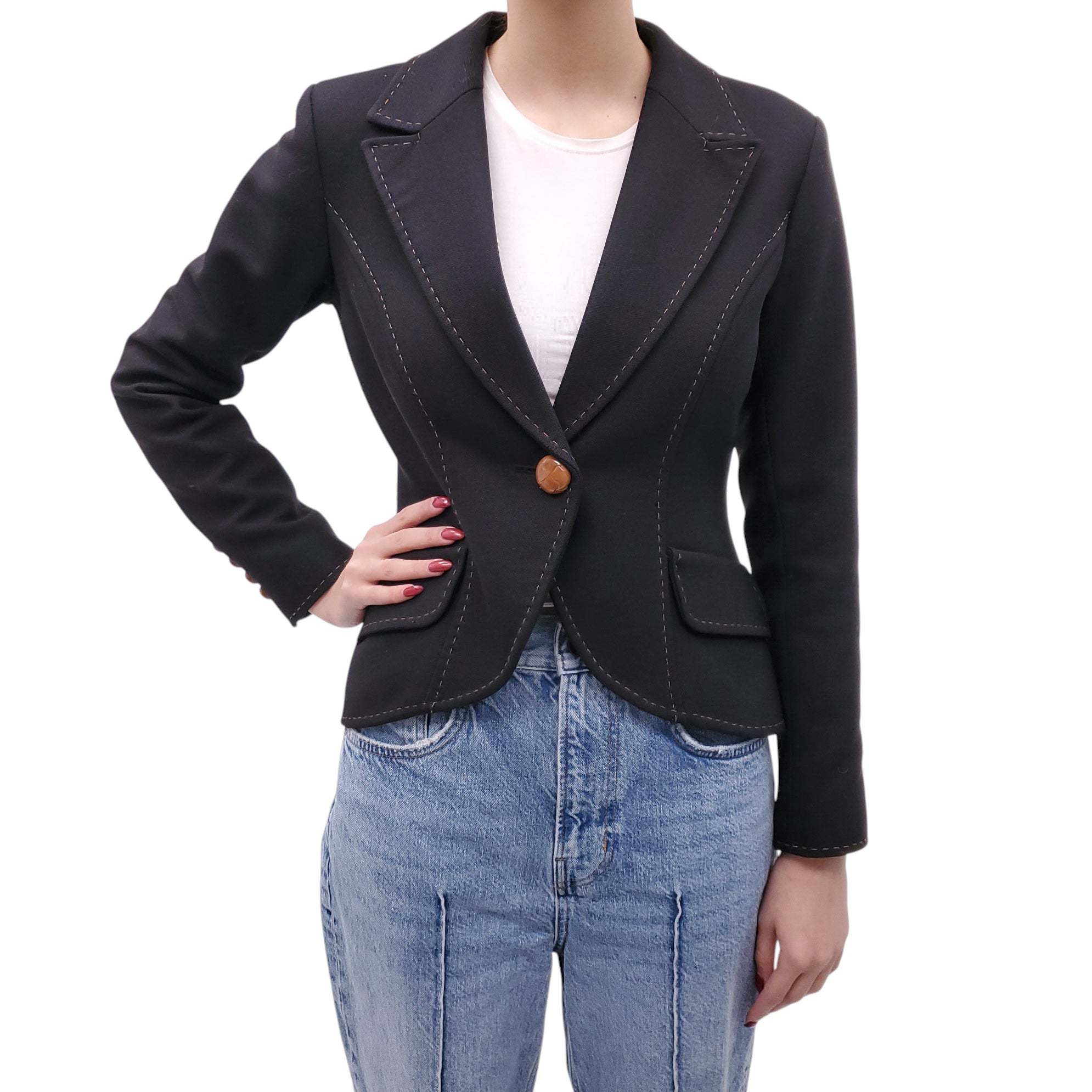 SMYTHE BLACK BLAZER WITH STITCHING AND LEATHER BUTTONS - SIZE 10