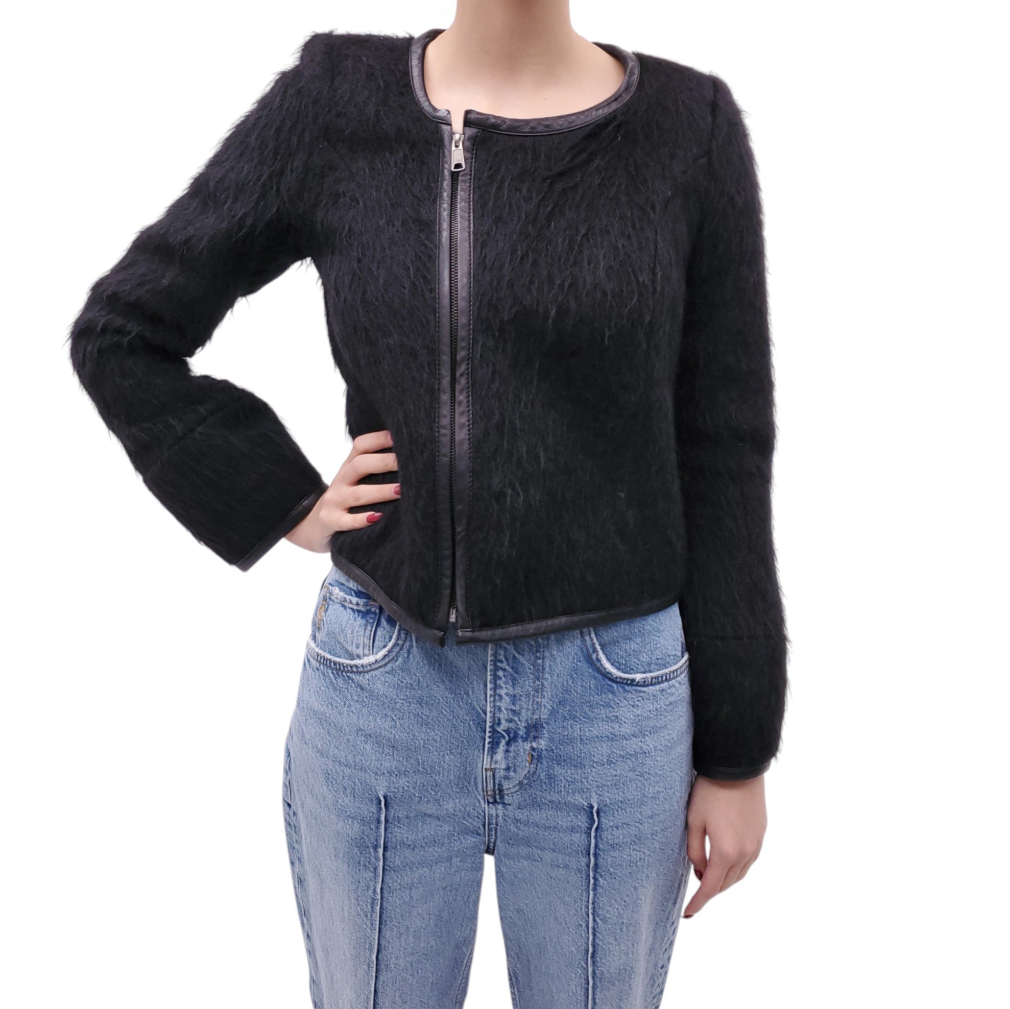 SMYTHE BLACK MOHAIR JACKET WITH VEGAN LEATHER TRIM - SIZE 4