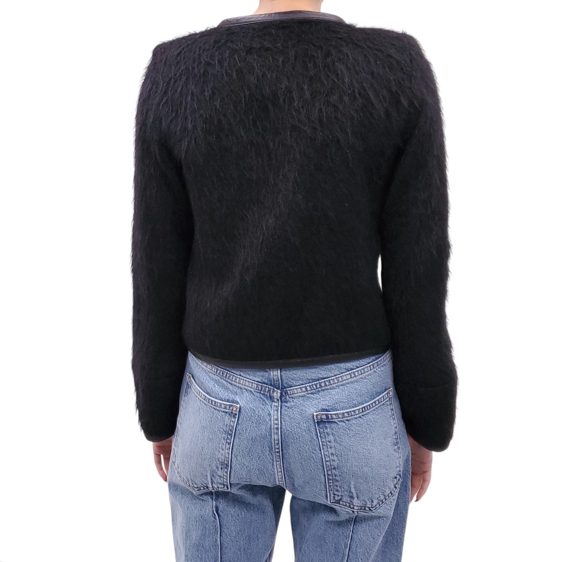 SMYTHE BLACK MOHAIR JACKET WITH VEGAN LEATHER TRIM - SIZE 4