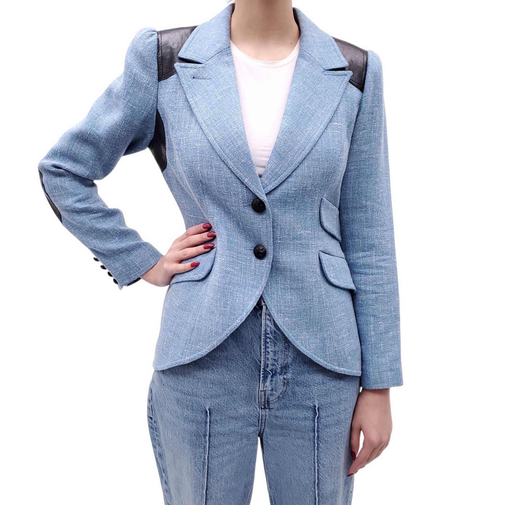 SMYTHE BLUE TWEED DUCHESS BLAZER WITH LEATHER ELBOW PADS - SIZE 10
