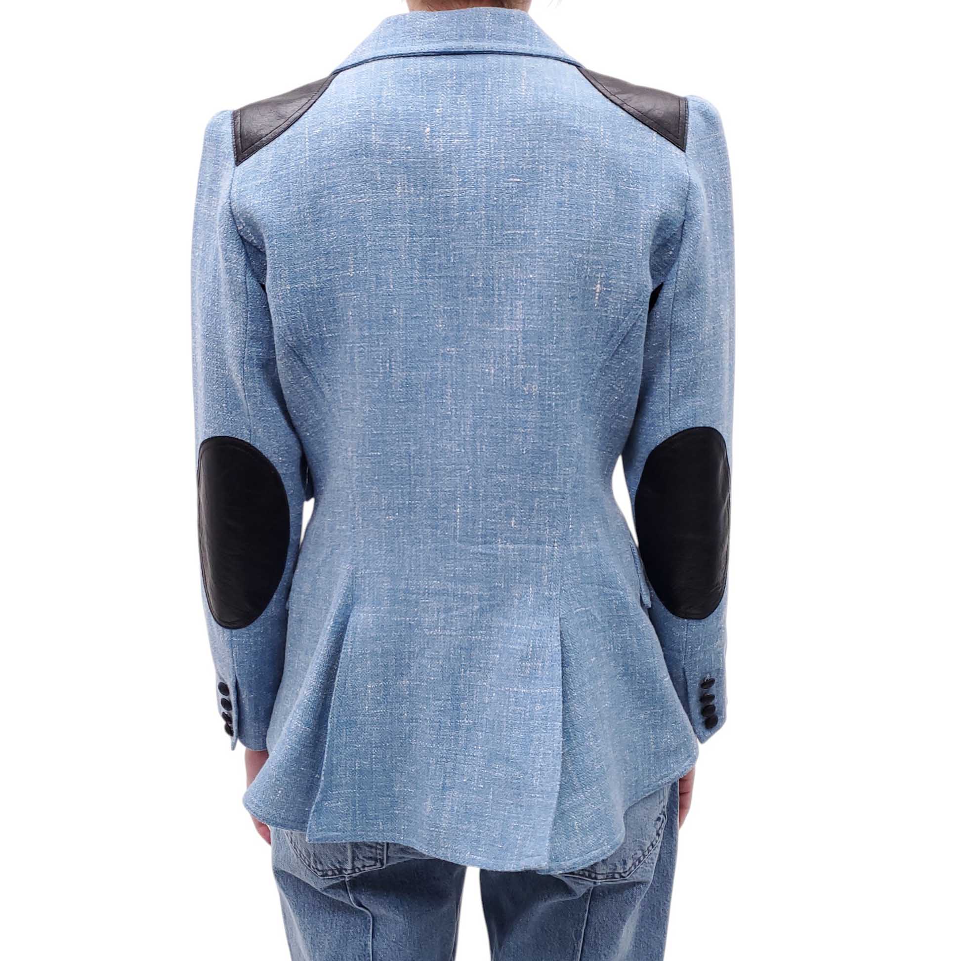 SMYTHE BLUE TWEED DUCHESS BLAZER WITH LEATHER ELBOW PADS - SIZE 10