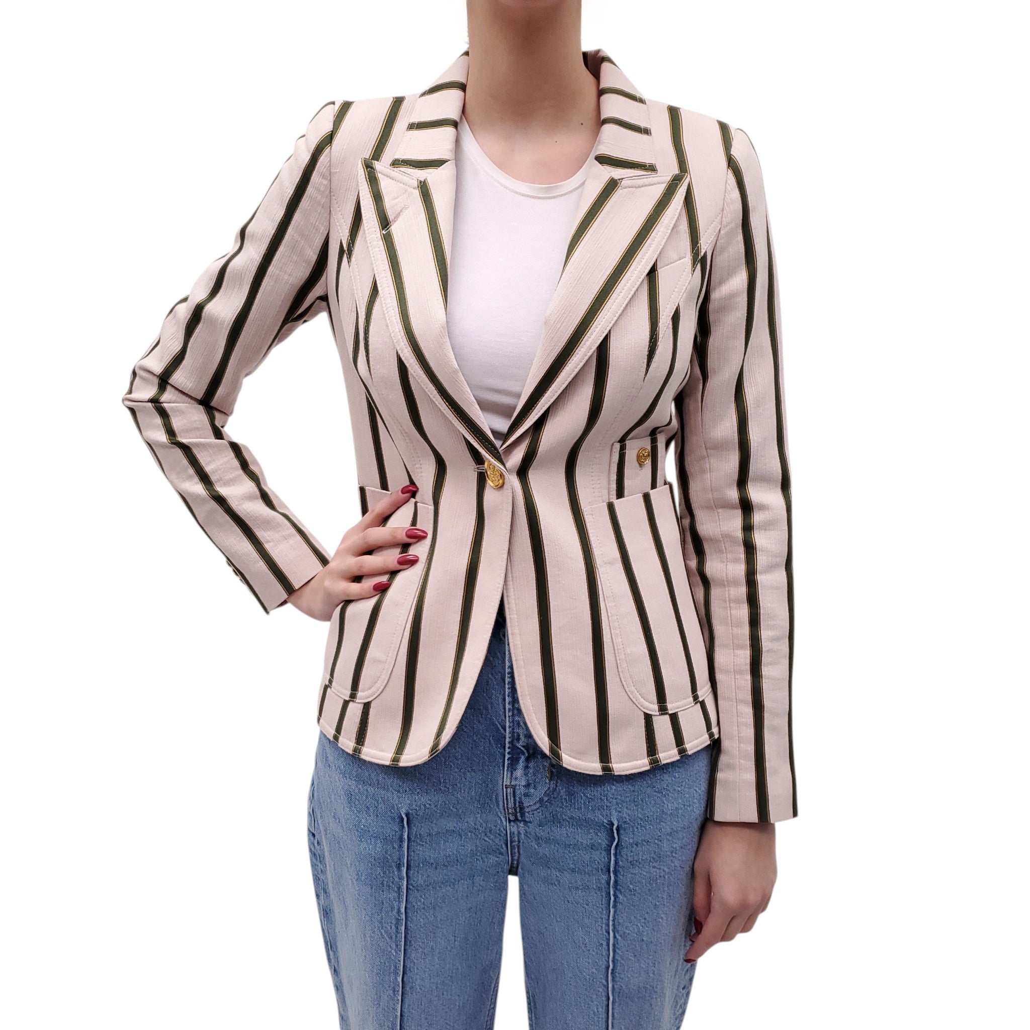 SMYTHE CREAM AND GREEN STRIPED BLAZER WITH ELBOW PADS - SIZE 6
