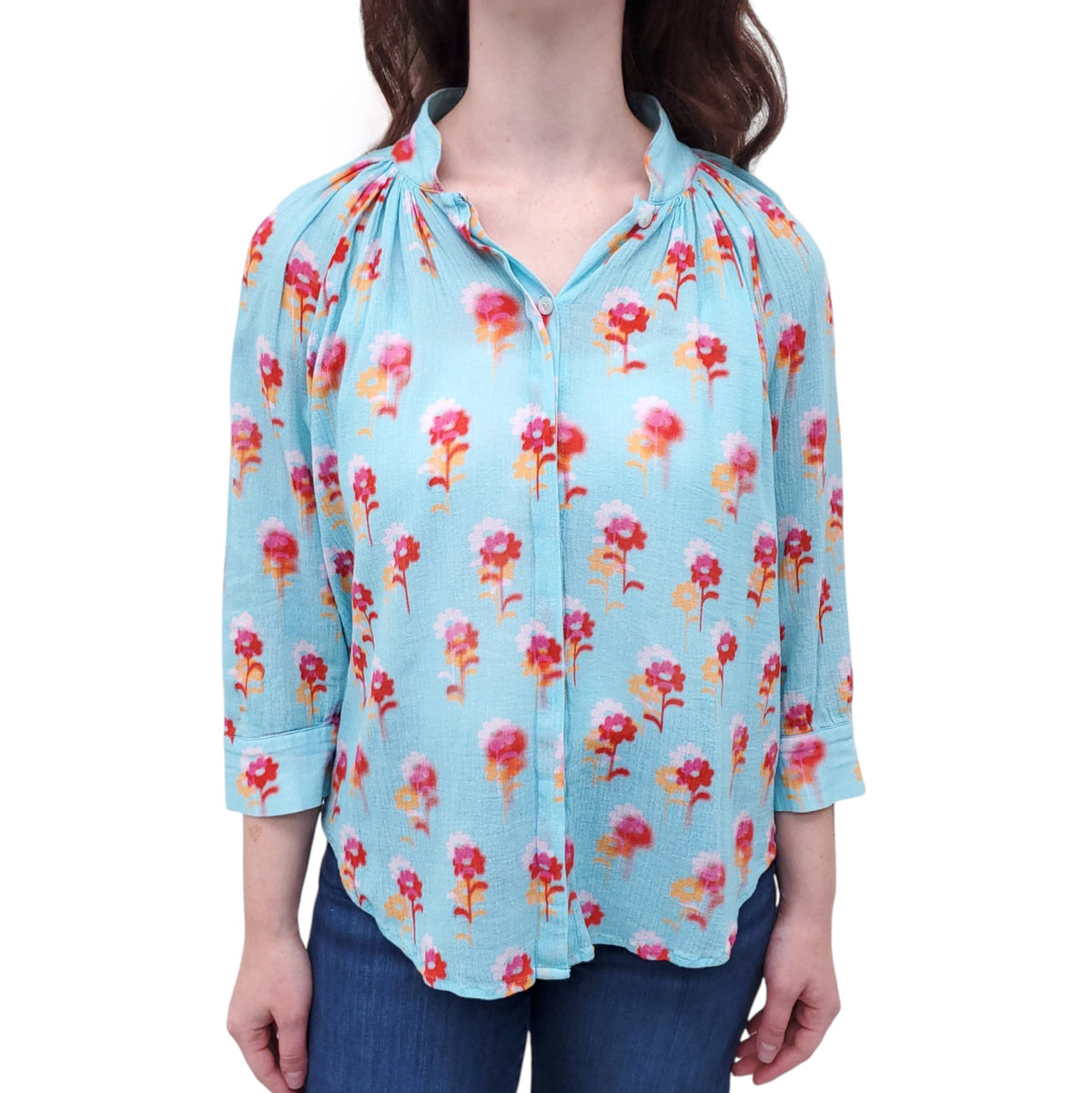 SMYTHE FLORAL TURQUOISE BLOUSE - SIZE S
