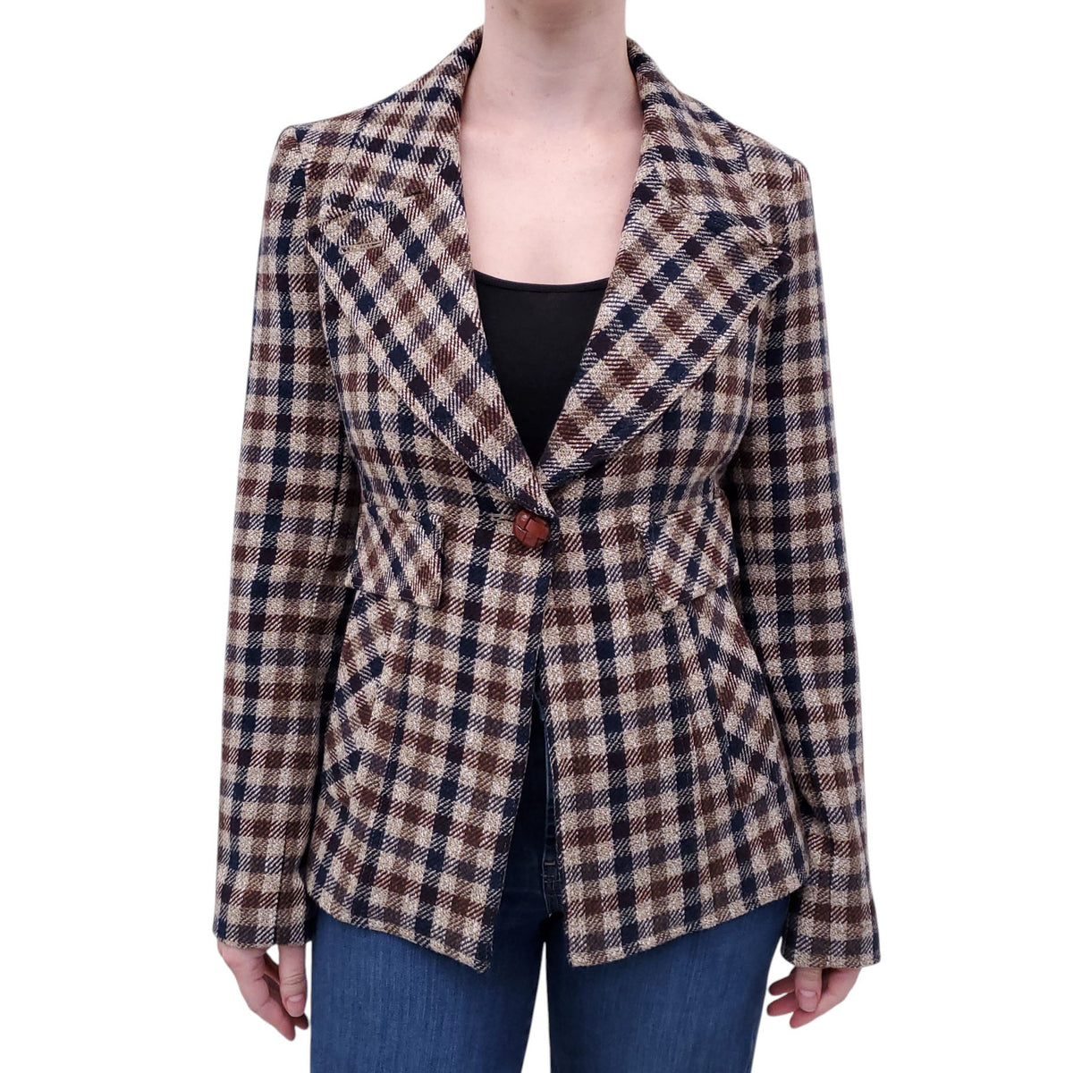 SMYTHE KHAKI, NAVY AND BURGUNDY PLAID BLAZER - SIZE 4