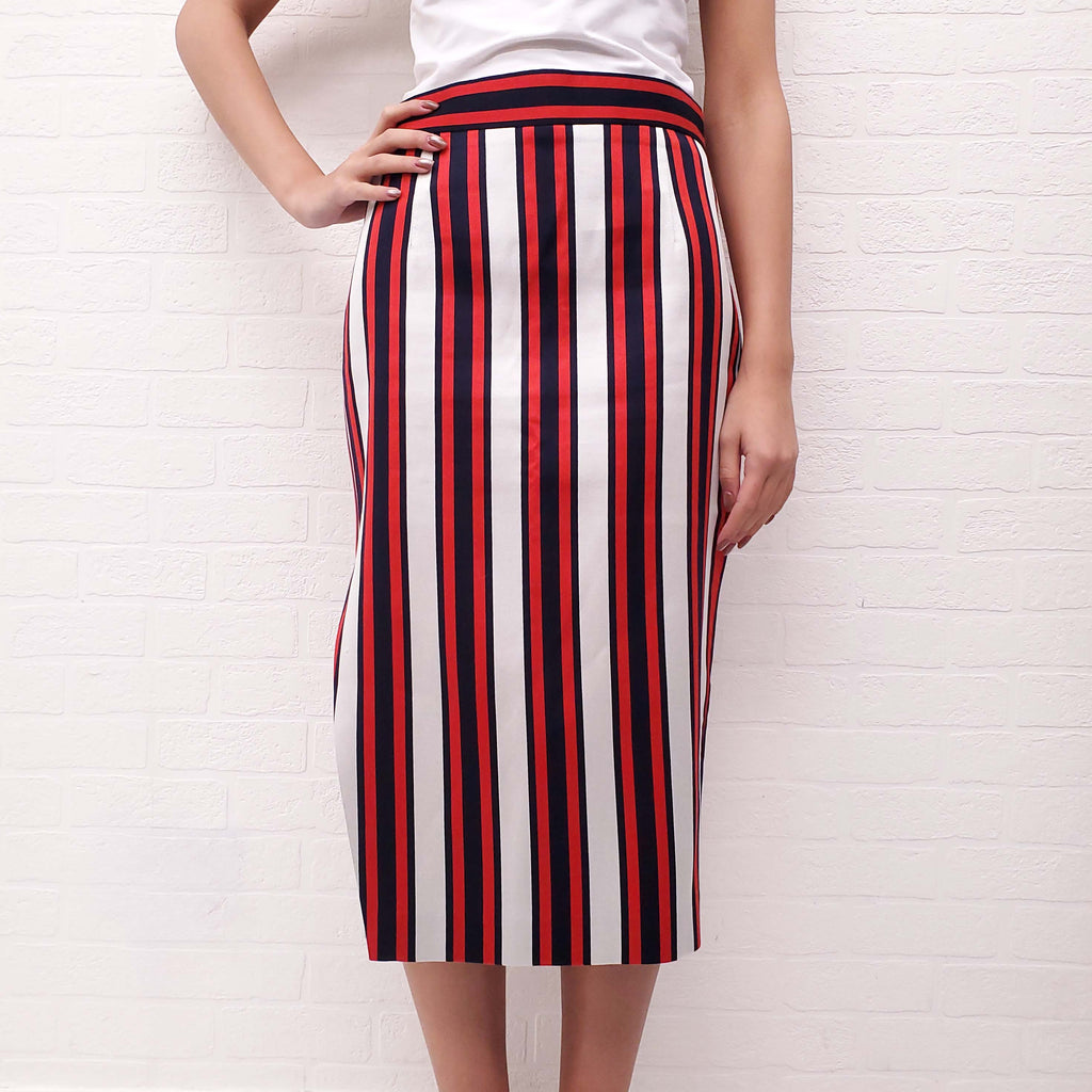 SMYTHE KHAKI, NAVY AND RED PENCIL SKIRT - SIZE 6