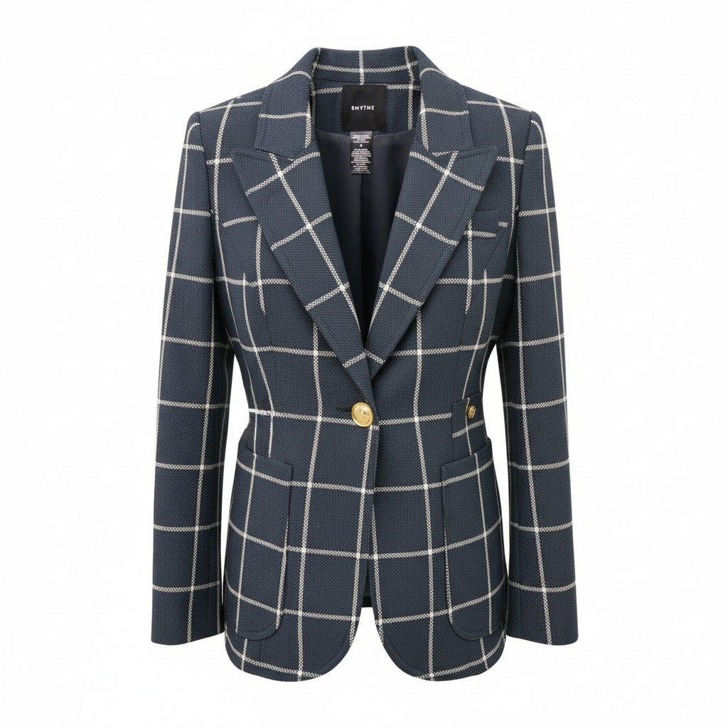 SMYTHE NAVY PLAID BLAZER WITH GOLD BUTTONS - SIZE 4