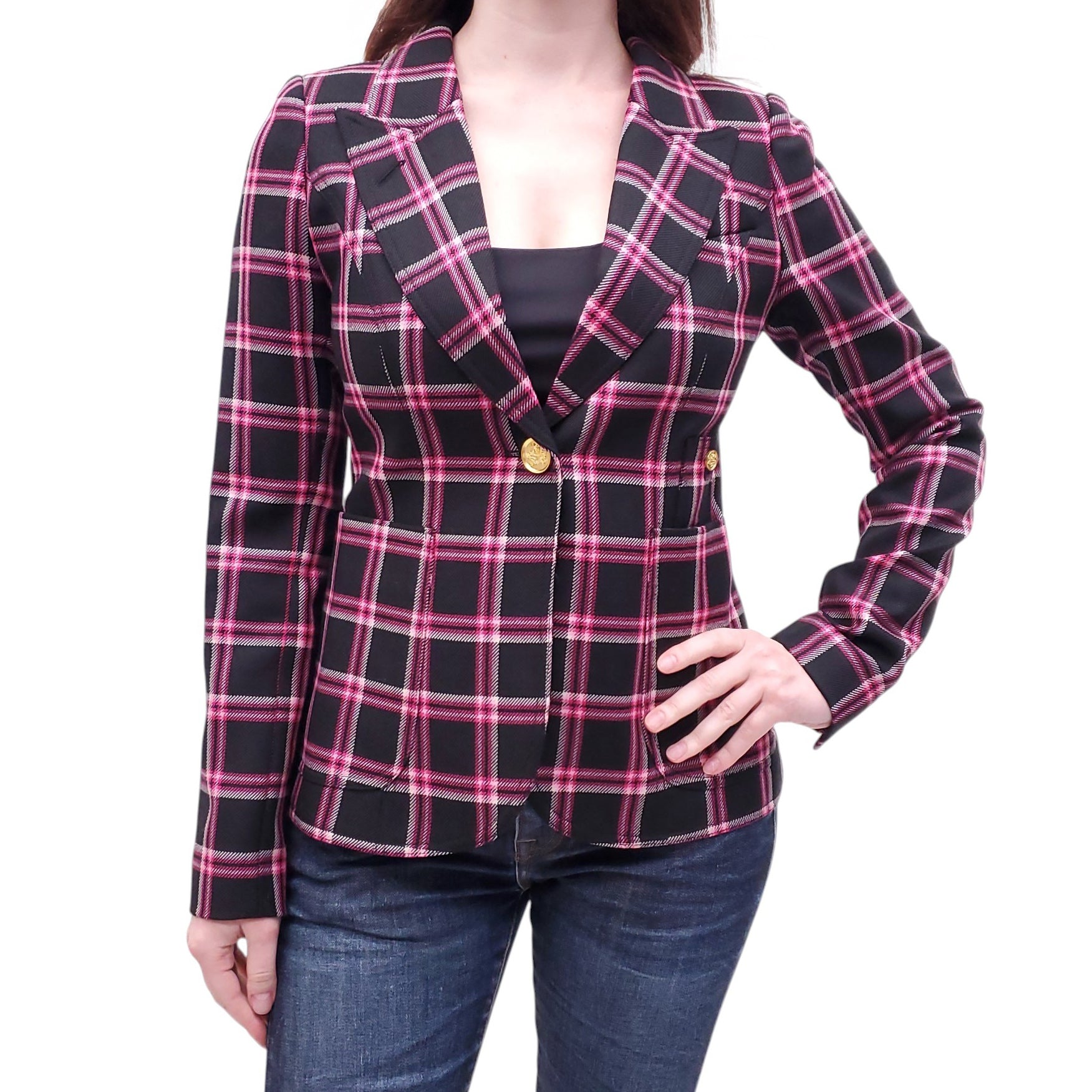 SMYTHE PINK AND BLACK PLAID DUCHESS BLAZER - SIZE 6