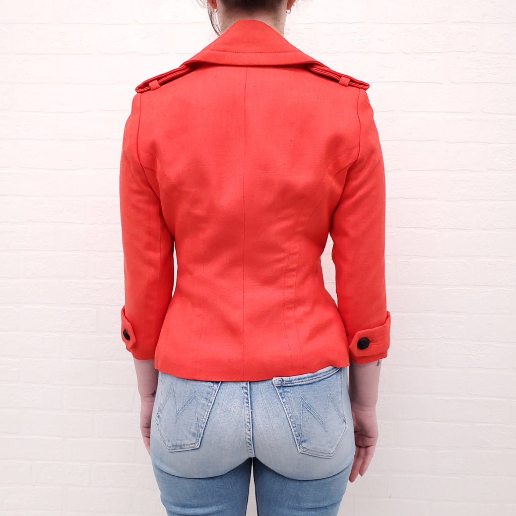 SMYTHE RED LINEN JACKET WITH BLACK BUTTON DETAIL - SIZE 4