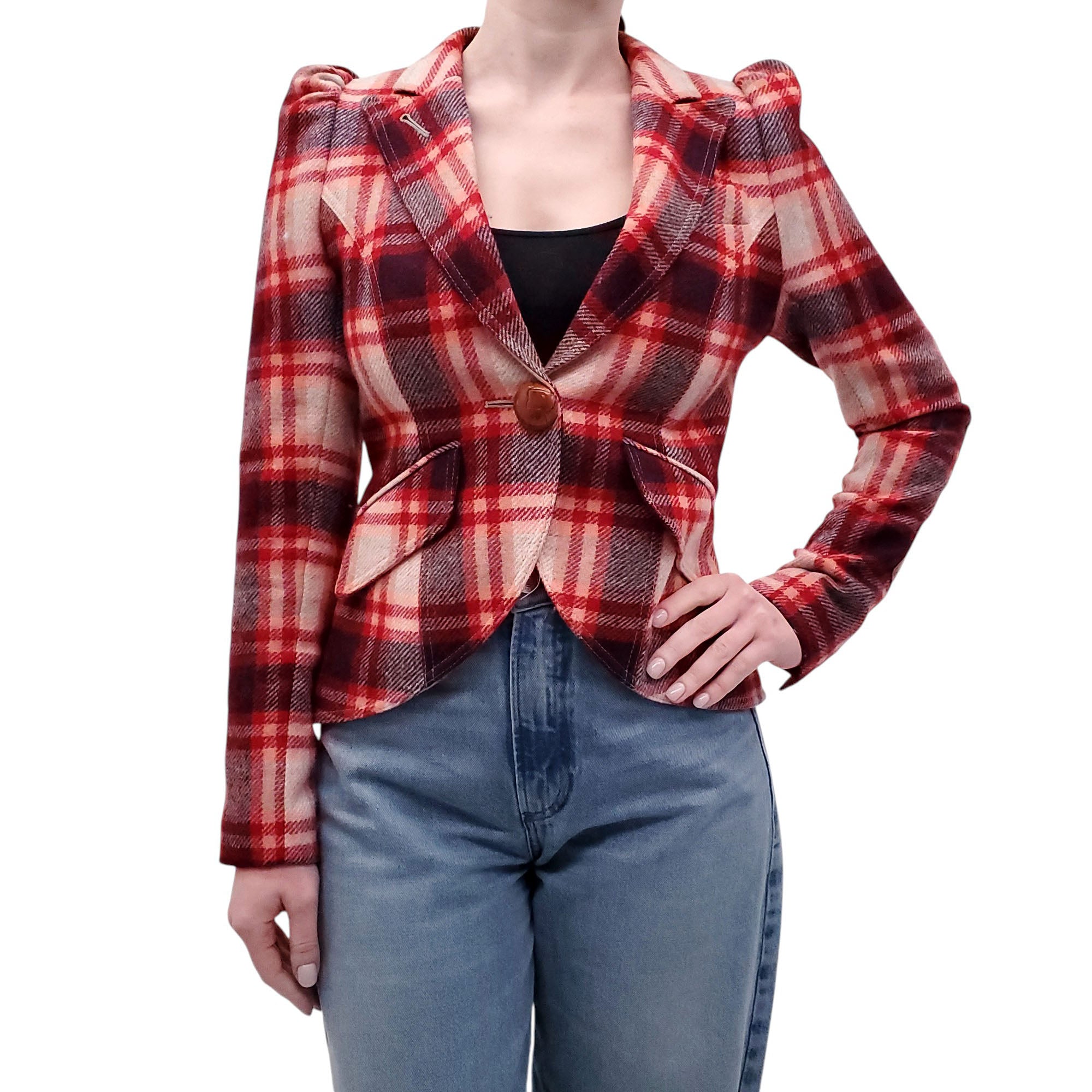 SMYTHE RED PLAID BLAZER WITH PUFF SHOULDERS - SIZE 4