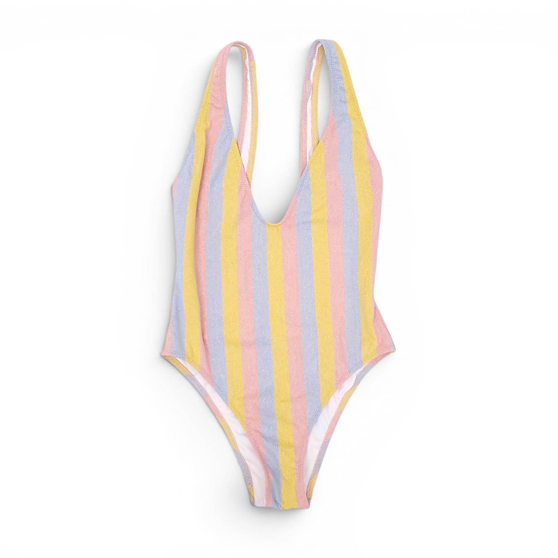 SOLID & STRIPED PINK, BLUE, AND YELLOW STRIPED ONE-PIECE SWIMSUIT - SIZE S